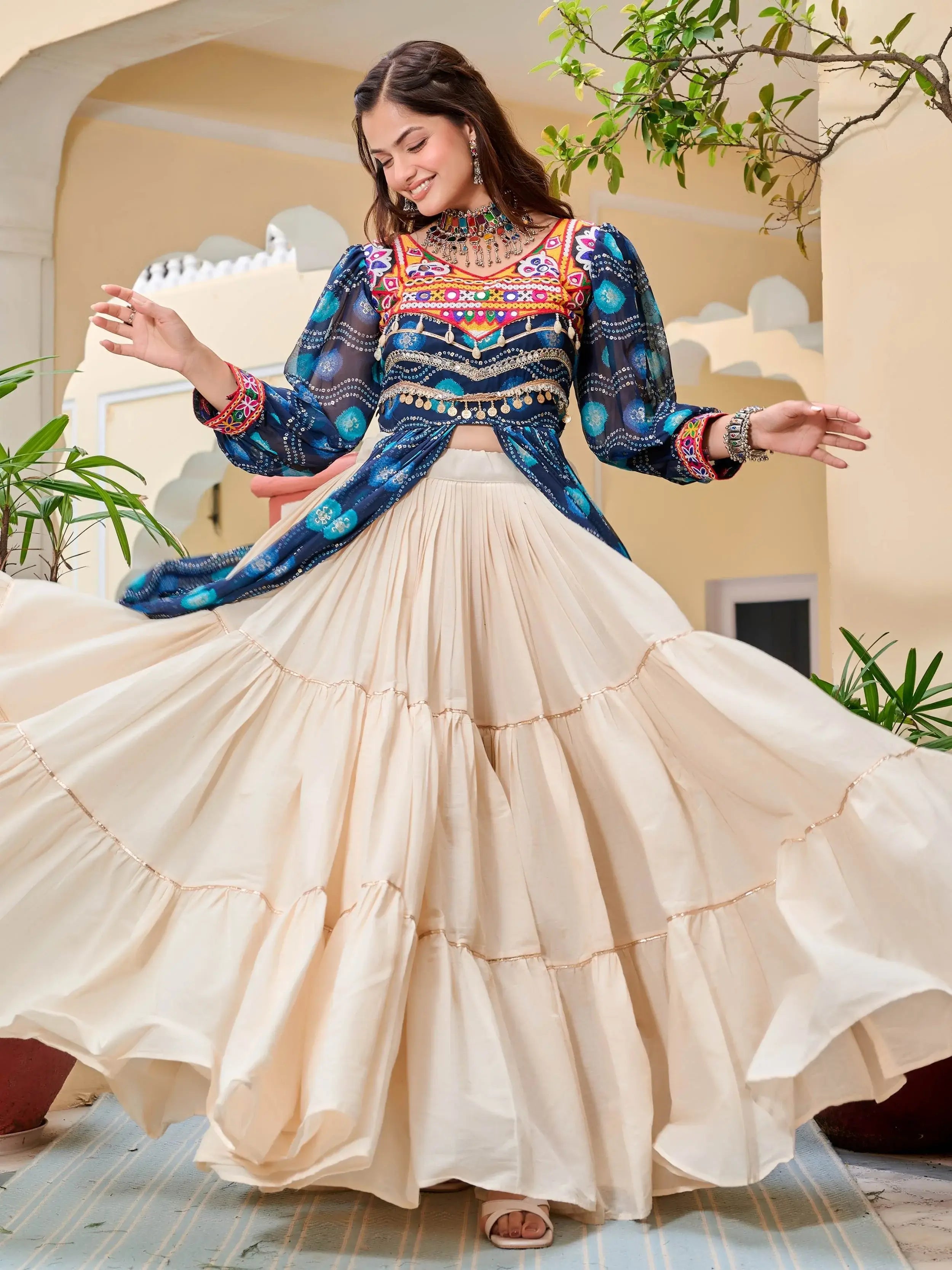 Blue cotton Gamthi mirror and ribbon lace work lehenga shrug set