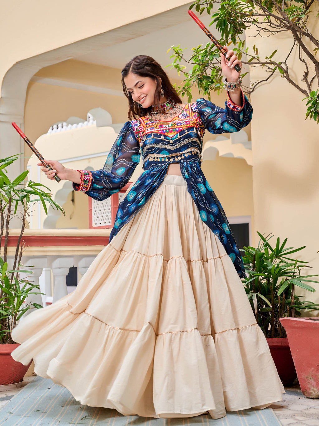 Blue cotton Gamthi mirror and ribbon lace work lehenga shrug set