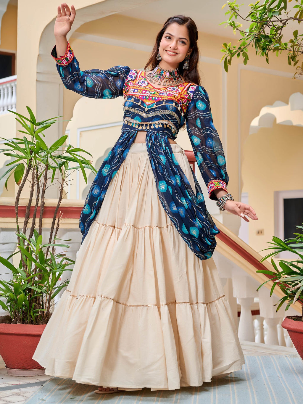 Blue cotton Gamthi mirror and ribbon lace work lehenga shrug set