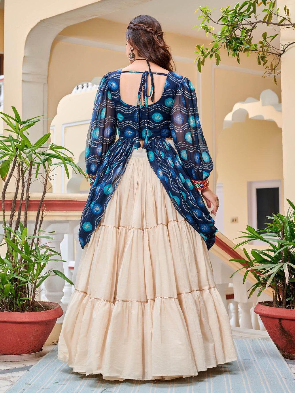 Blue cotton Gamthi mirror and ribbon lace work lehenga shrug set