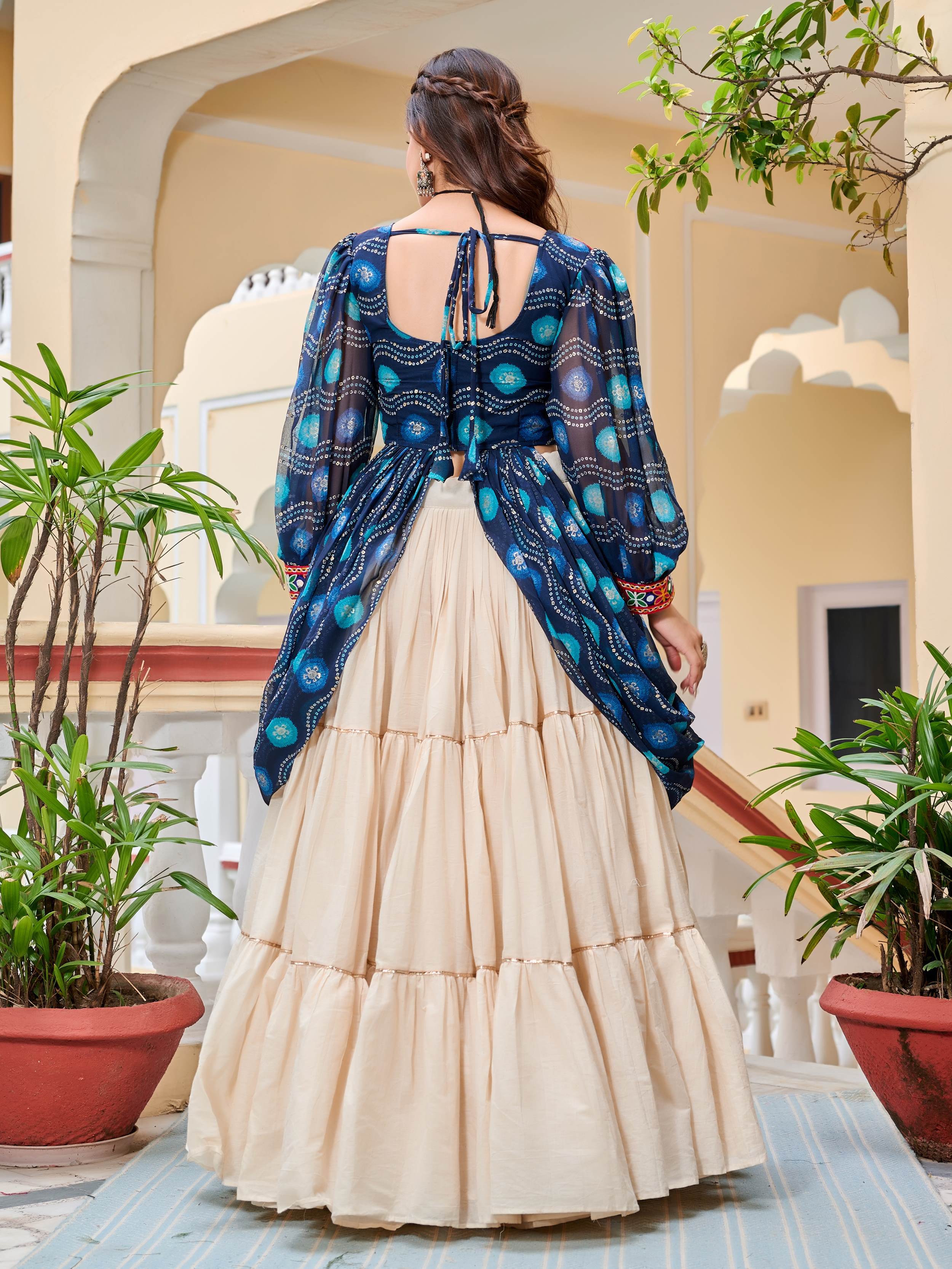 Blue cotton Gamthi mirror and ribbon lace work lehenga shrug set