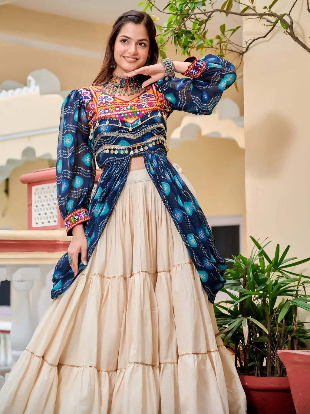 Blue cotton Gamthi mirror and ribbon lace work lehenga shrug set