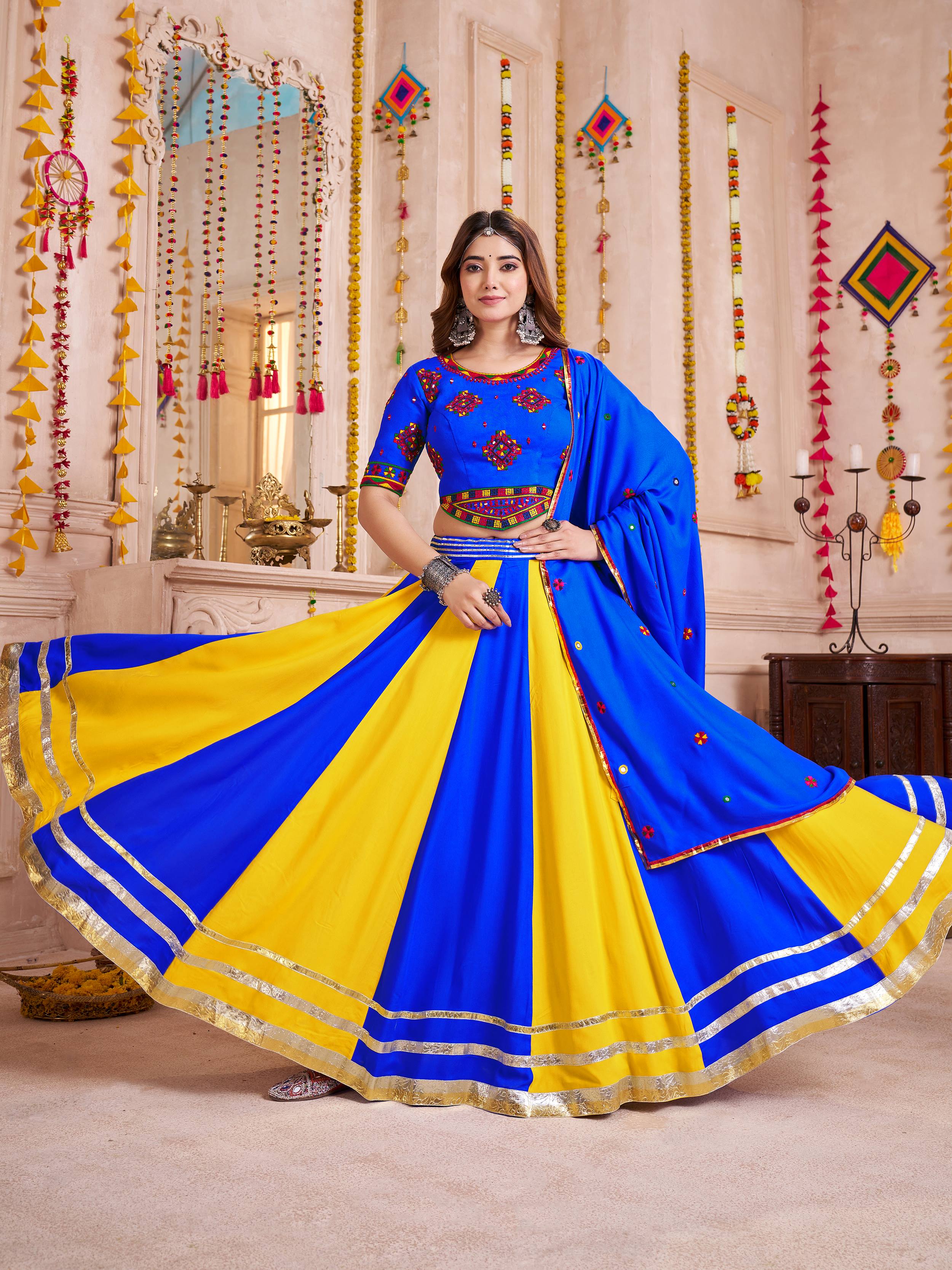 Blue cotton thread embroidered lehenga choli with dupatta