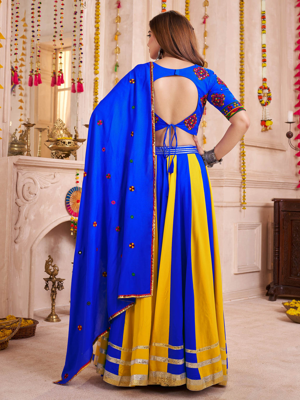 Blue cotton thread embroidered lehenga choli with dupatta
