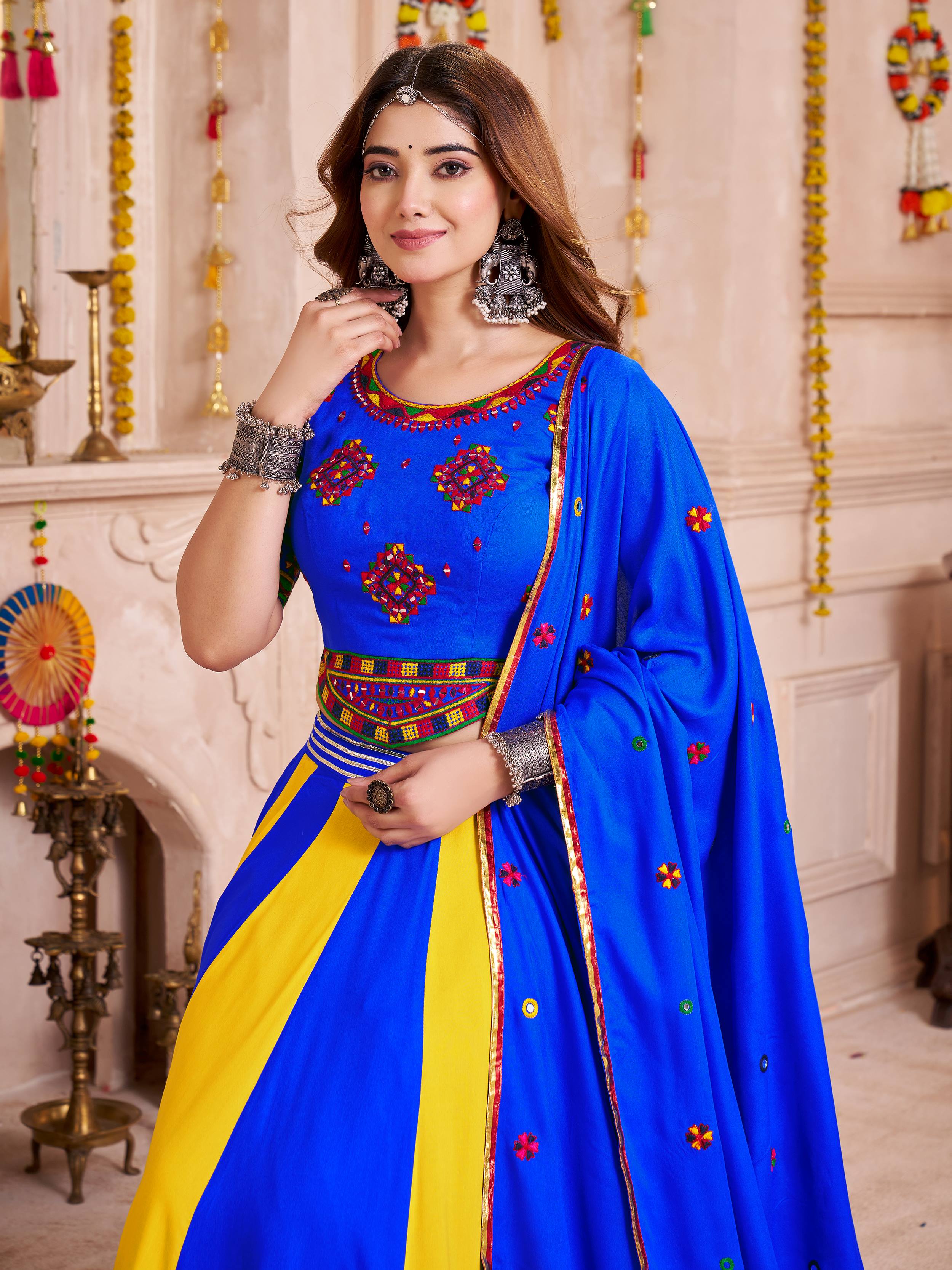 Blue cotton thread embroidered lehenga choli with dupatta