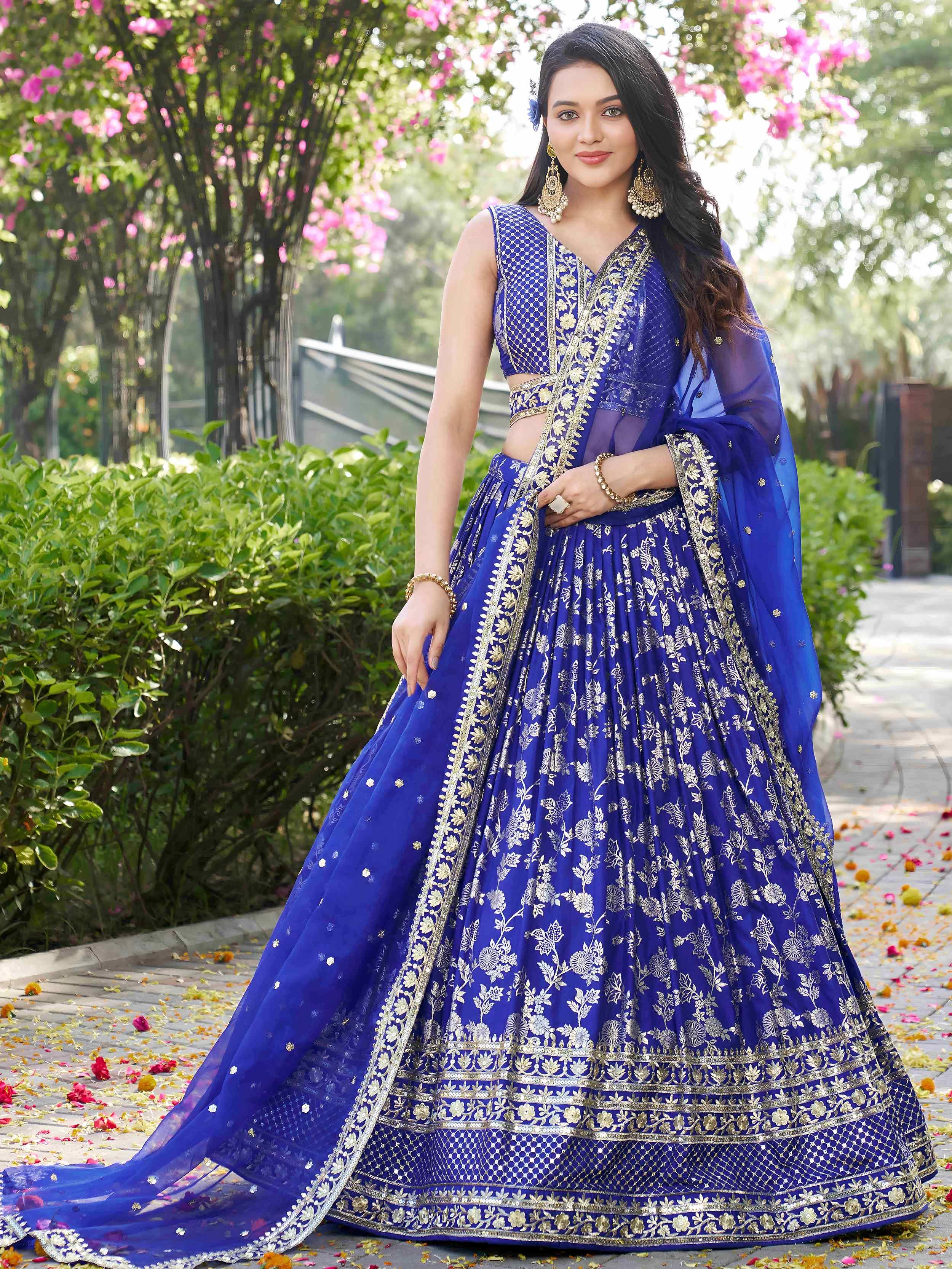 Blue Dola silk jacquard embroidered lehenga choli with dupatta