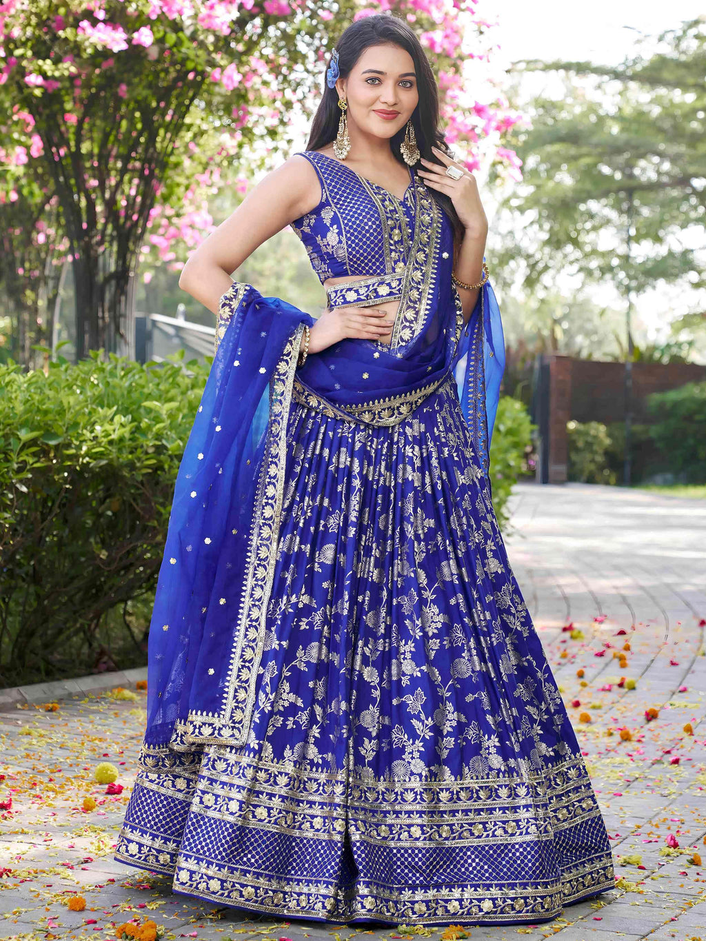 Blue Dola silk jacquard embroidered lehenga choli with dupatta