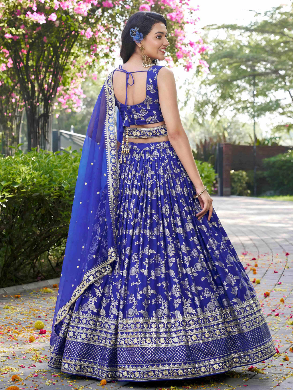 Blue Dola silk jacquard embroidered lehenga choli with dupatta
