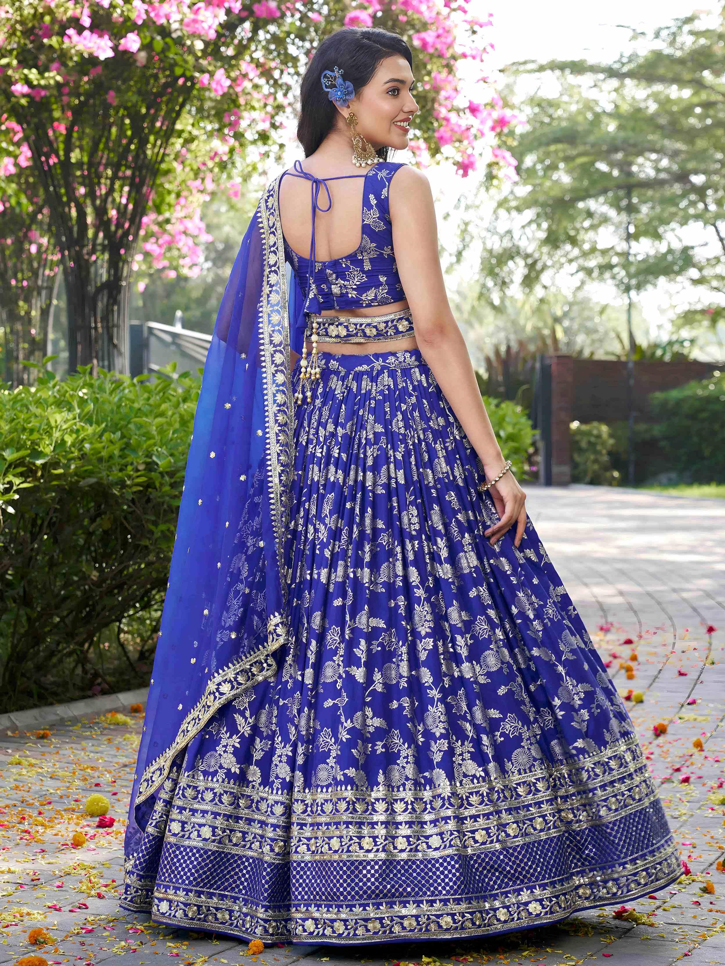 Blue Dola silk jacquard embroidered lehenga choli with dupatta