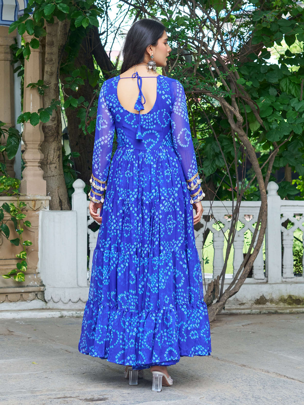 Blue faux georgette Bandhani print Kutchi patchwork Navratri gown