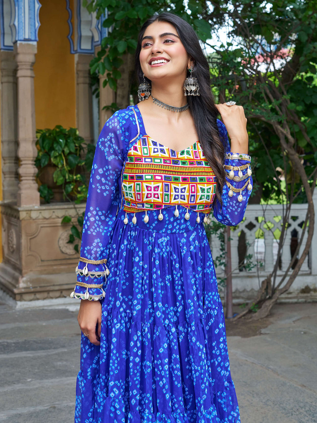 Blue faux georgette Bandhani print Kutchi patchwork Navratri gown