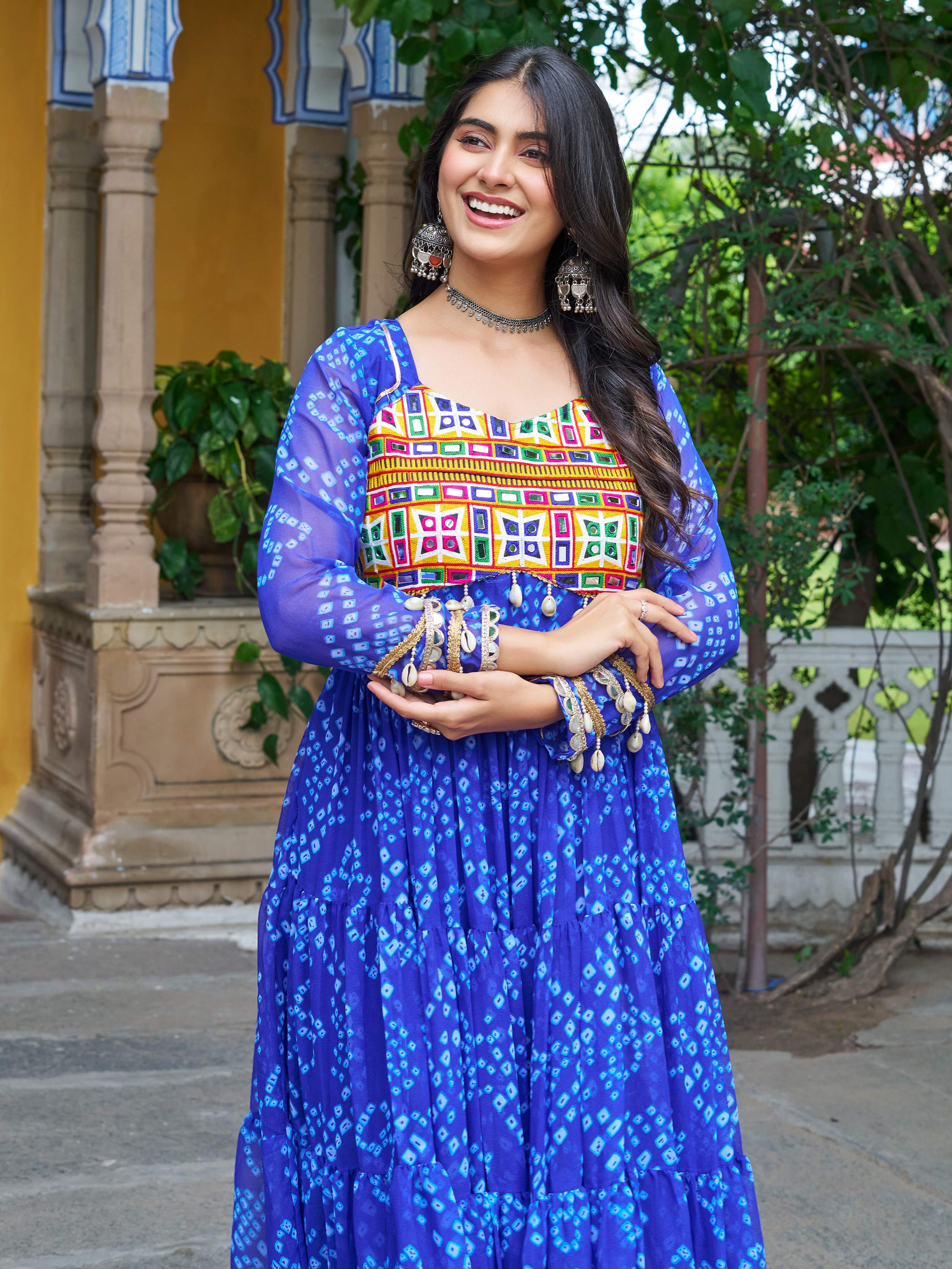 Blue faux georgette Bandhani print Kutchi patchwork Navratri gown