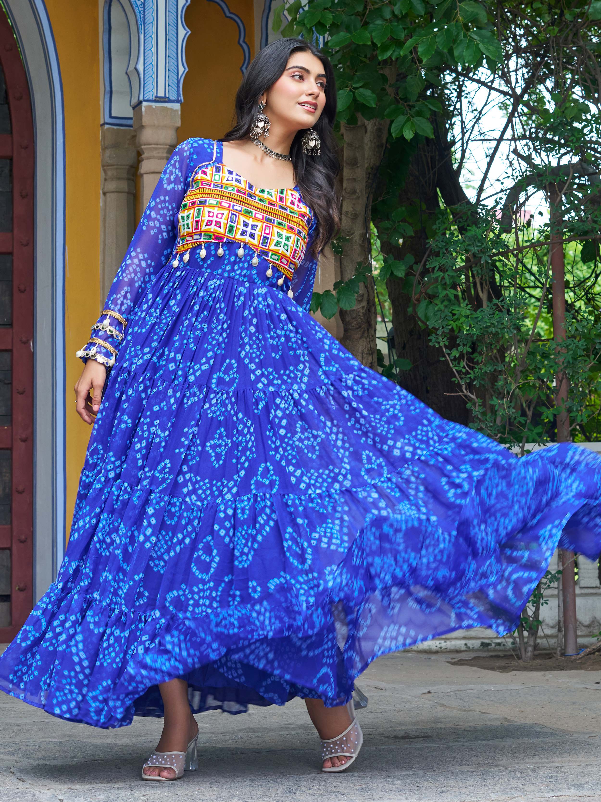 Blue faux georgette Bandhani print Kutchi patchwork Navratri gown