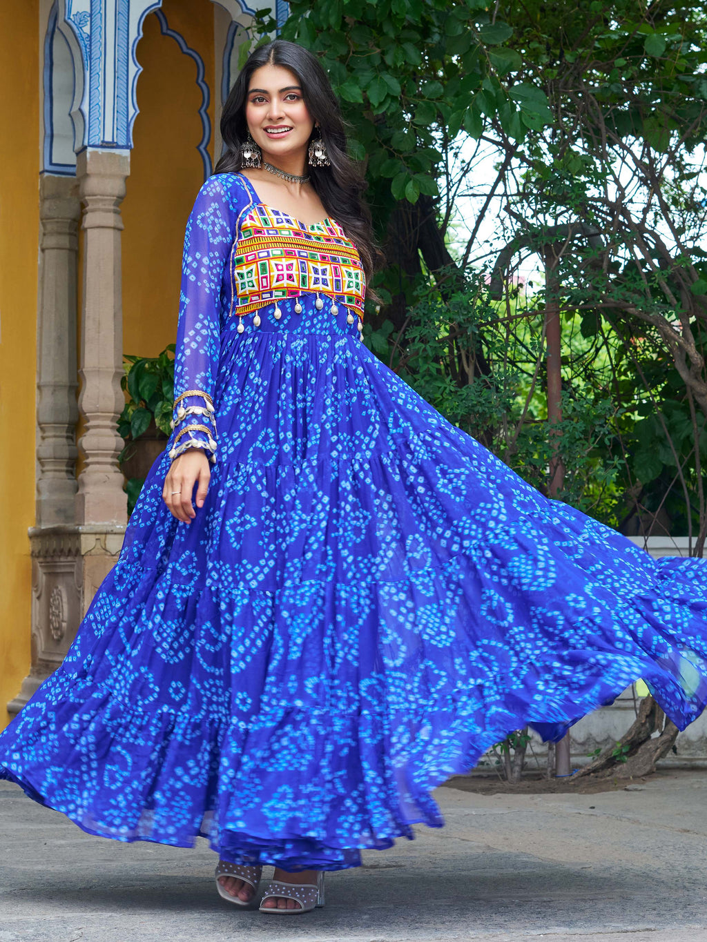 Blue faux georgette Bandhani print Kutchi patchwork Navratri gown
