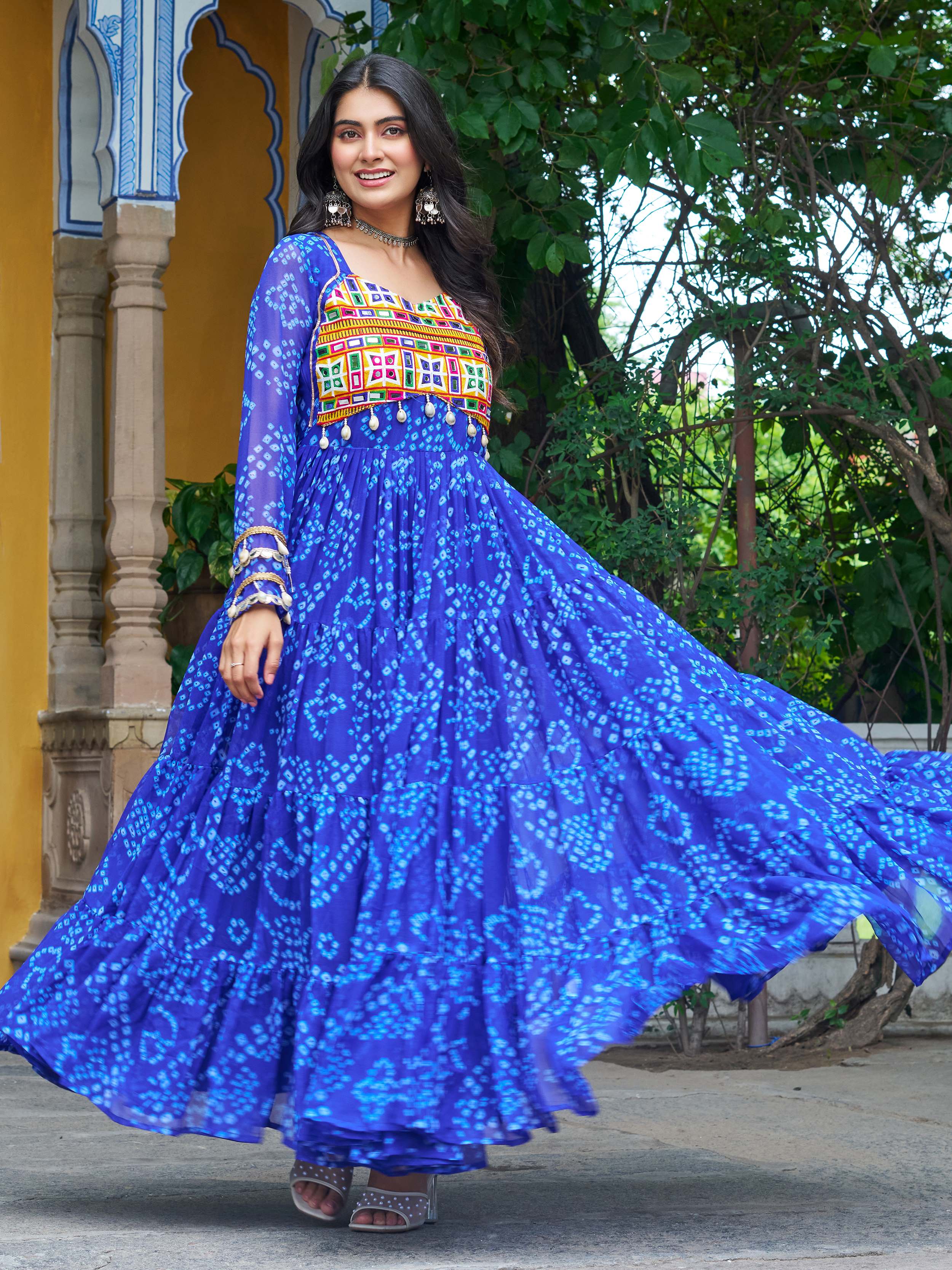 Blue faux georgette Bandhani print Kutchi patchwork Navratri gown