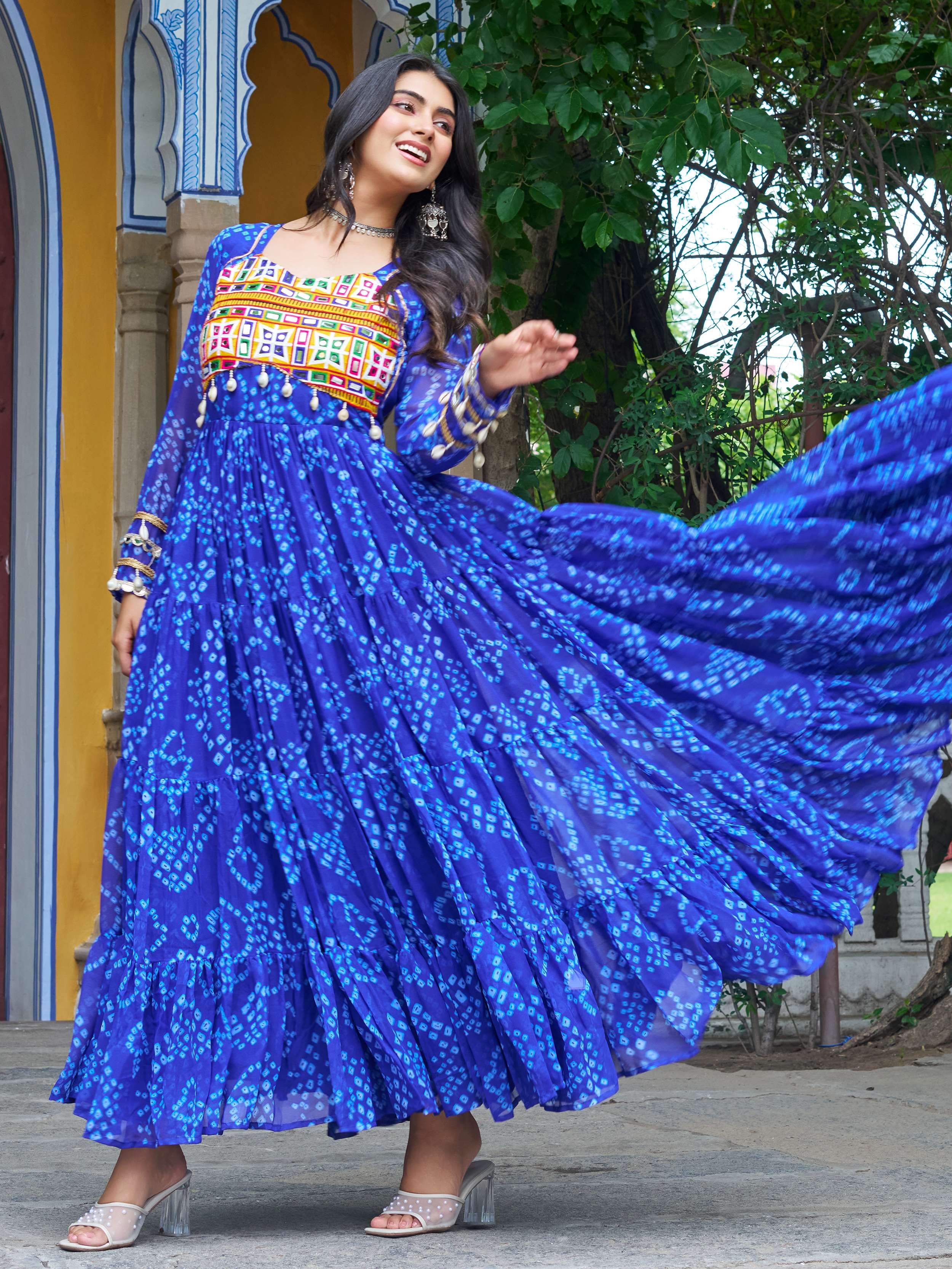 Blue faux georgette Bandhani print Kutchi patchwork Navratri gown