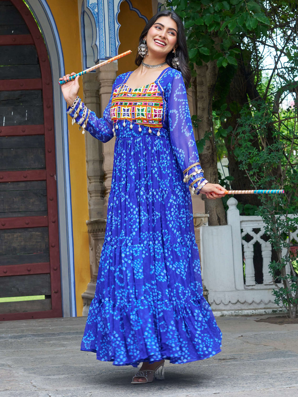 Blue faux georgette Bandhani print Kutchi patchwork Navratri gown