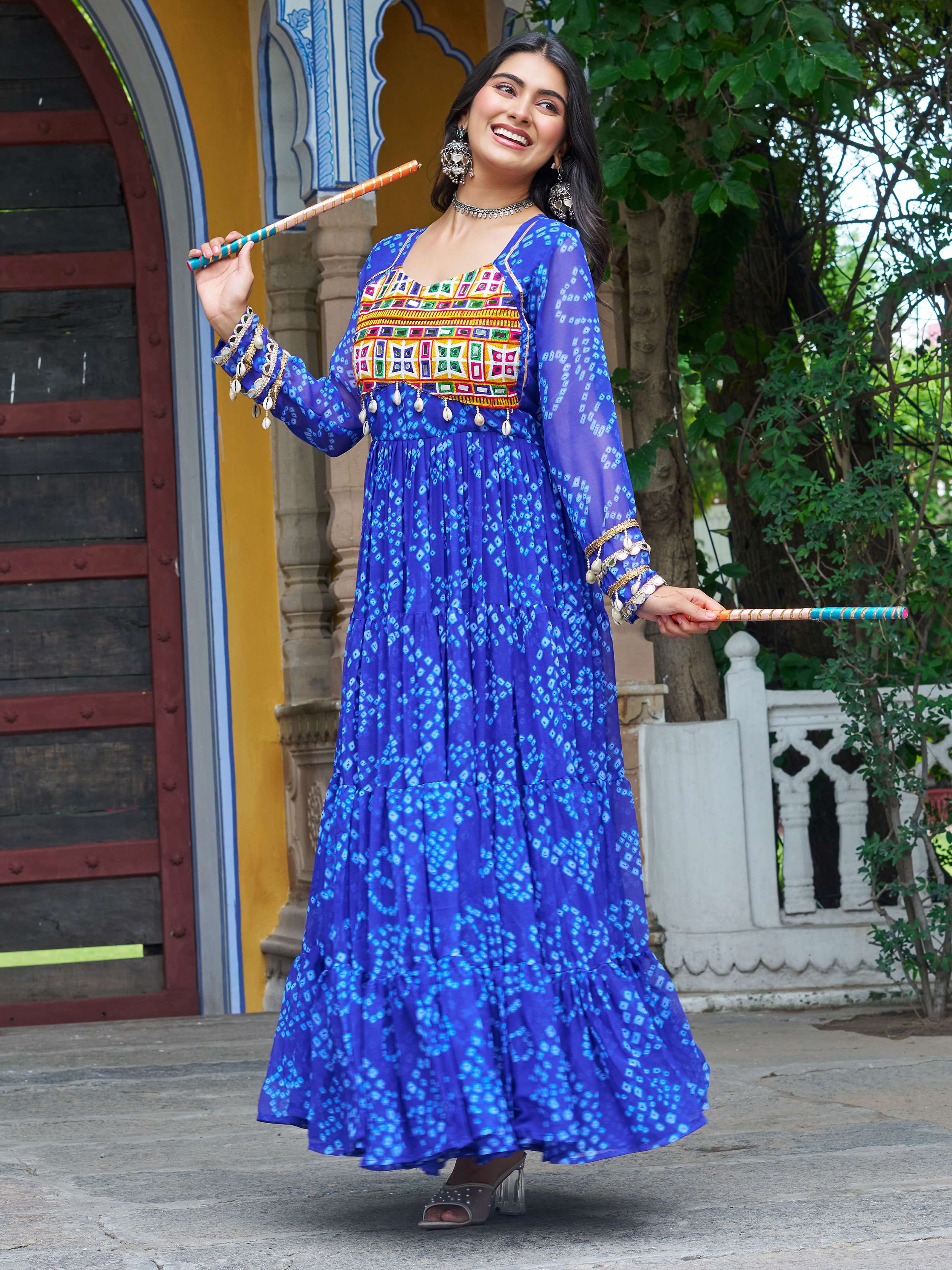 Blue faux georgette Bandhani print Kutchi patchwork Navratri gown