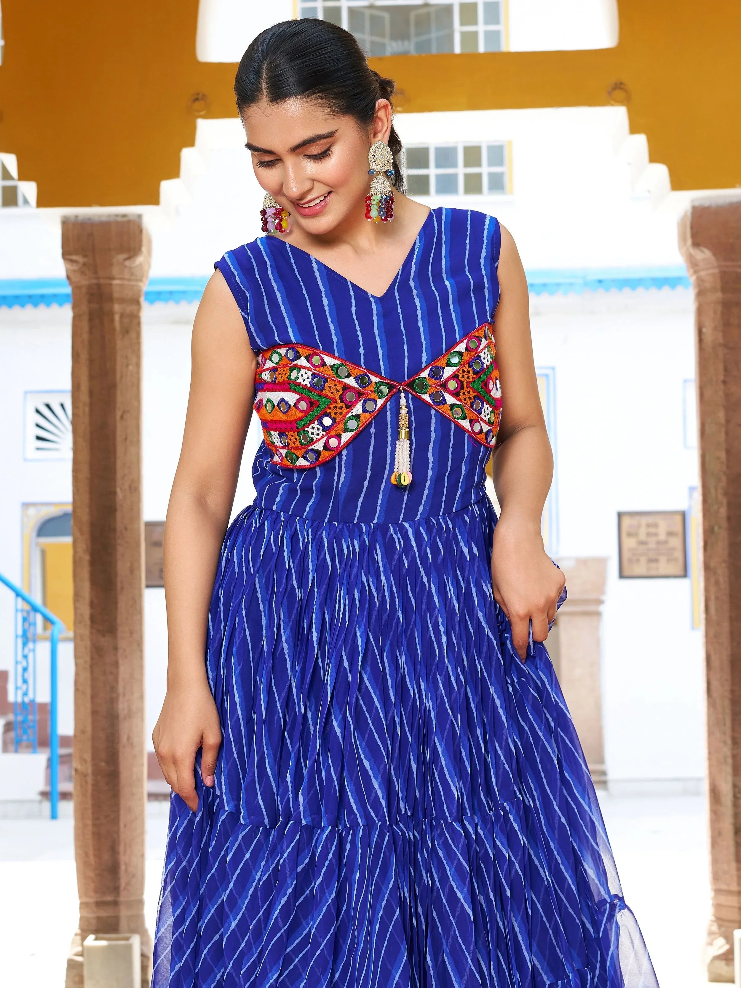 Blue georgette Bandhani print real mirror Gamthi work gown