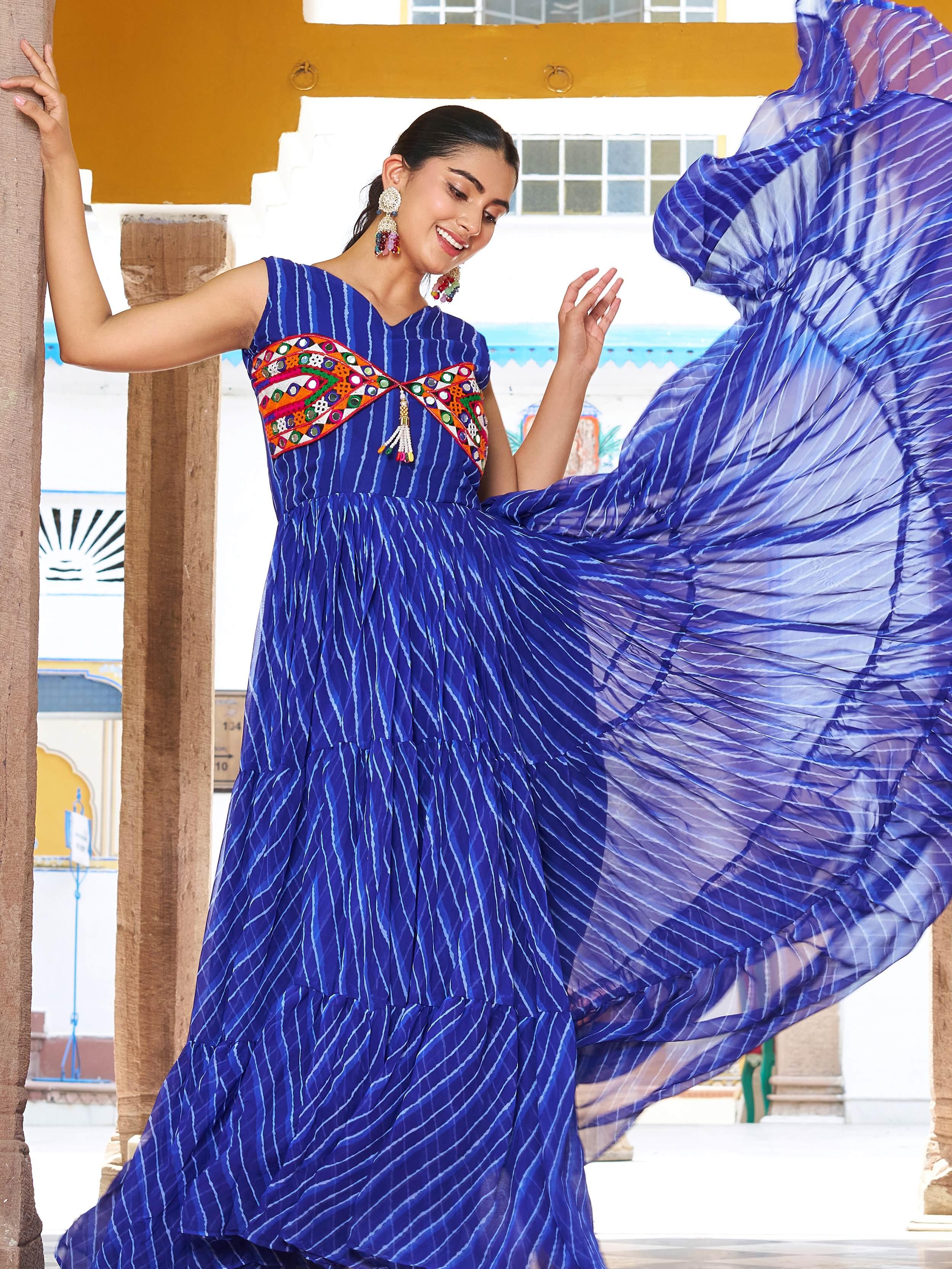 Blue georgette Bandhani print real mirror Gamthi work gown