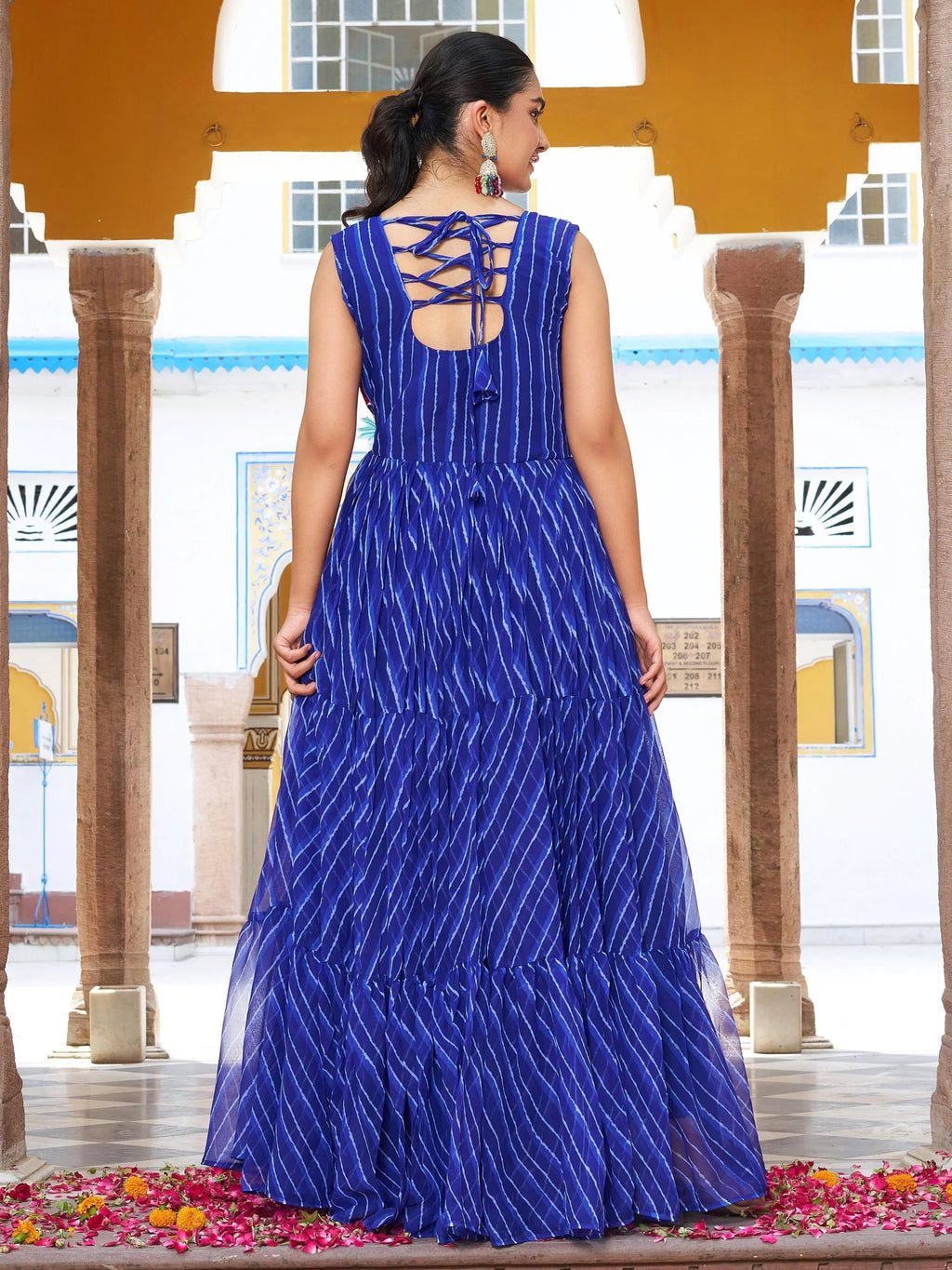 Blue georgette Bandhani print real mirror Gamthi work gown