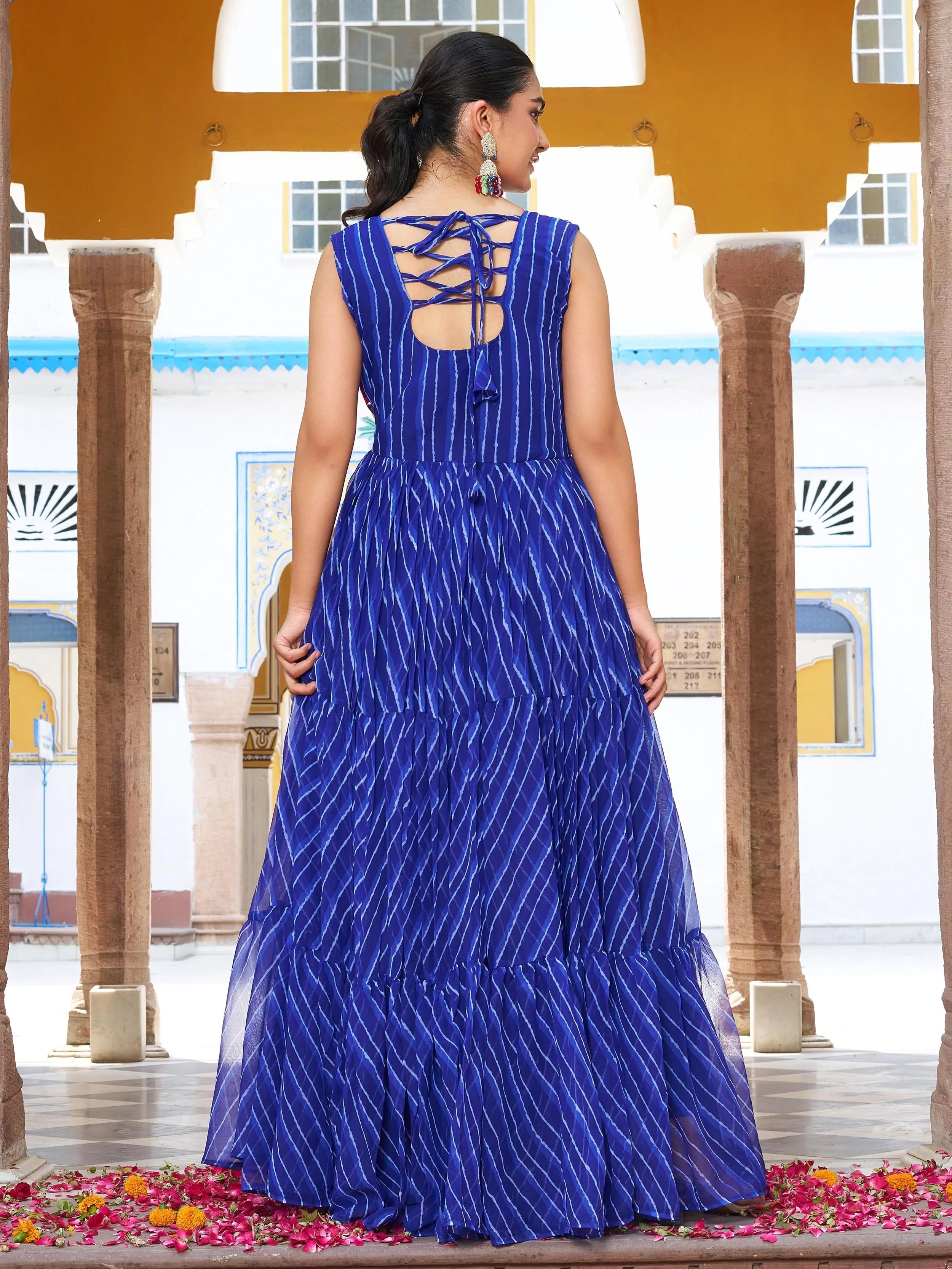 Blue georgette Bandhani print real mirror Gamthi work gown