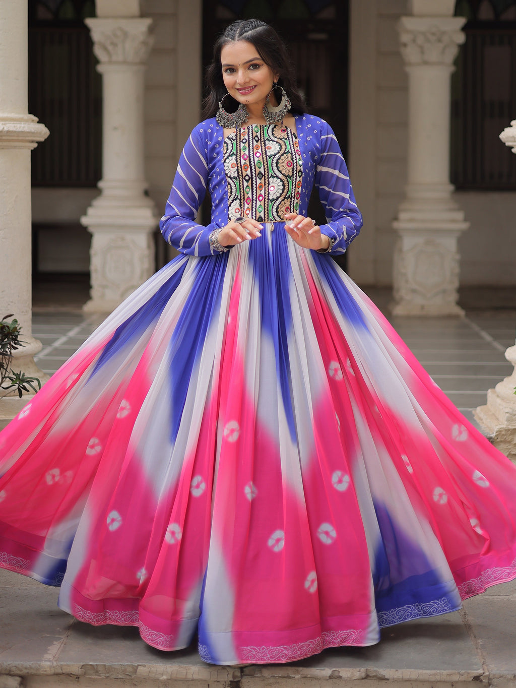 Blue georgette Bandhej print Gamthi embroidery mirror work gown