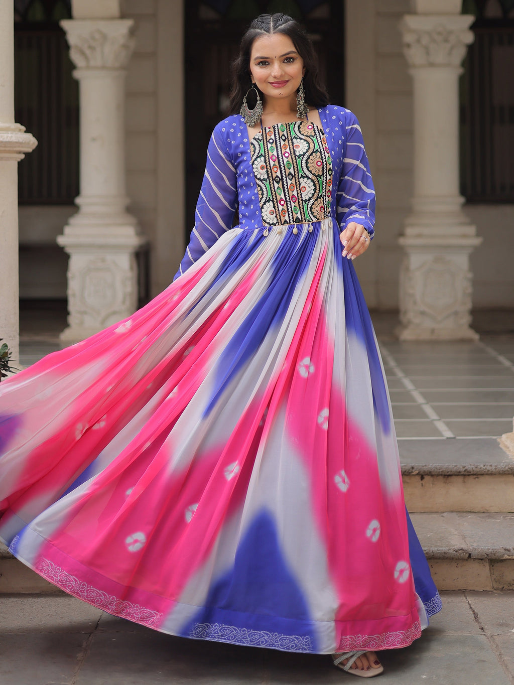 Blue georgette Bandhej print Gamthi embroidery mirror work gown