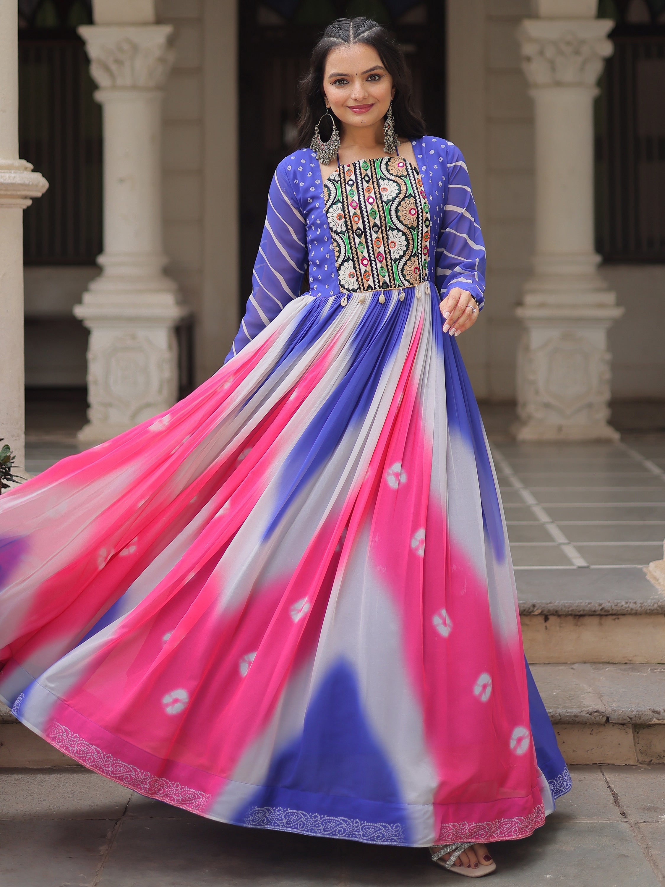 Blue georgette Bandhej print Gamthi embroidery mirror work gown