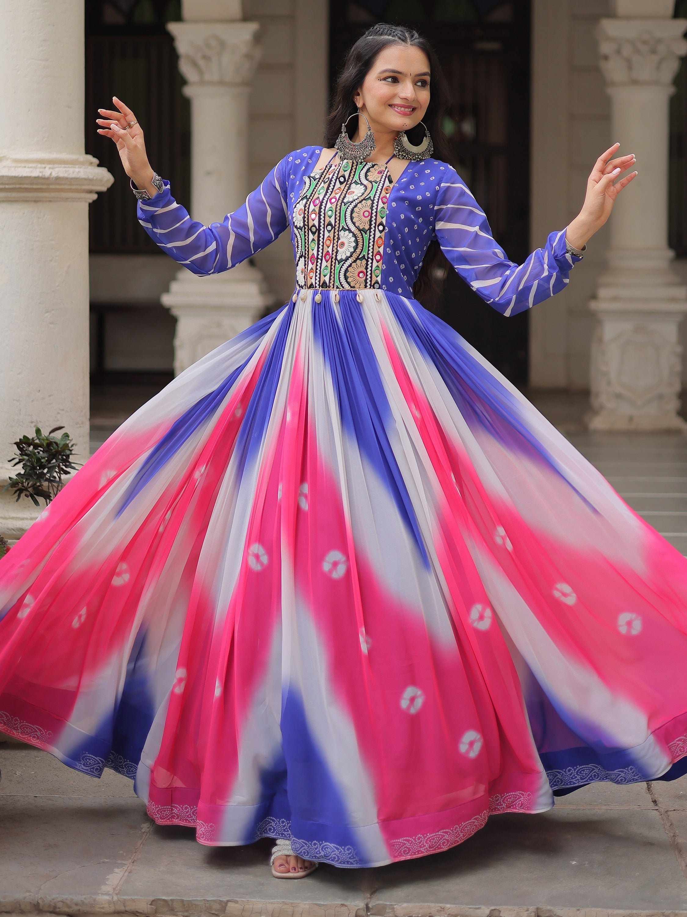 Blue georgette Bandhej print Gamthi embroidery mirror work gown