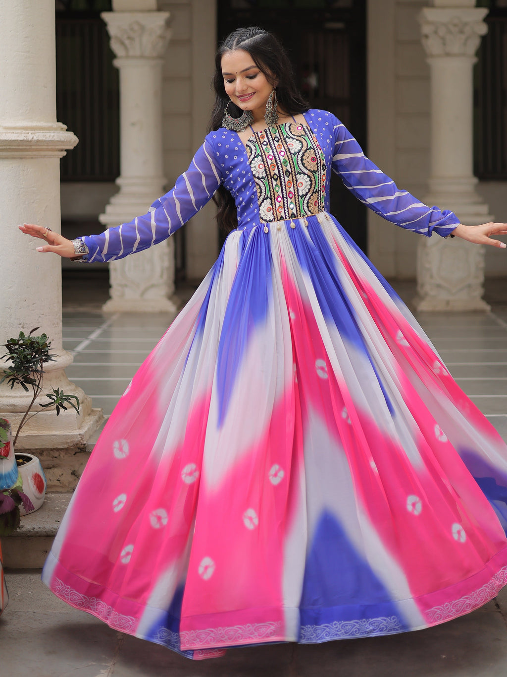 Blue georgette Bandhej print Gamthi embroidery mirror work gown