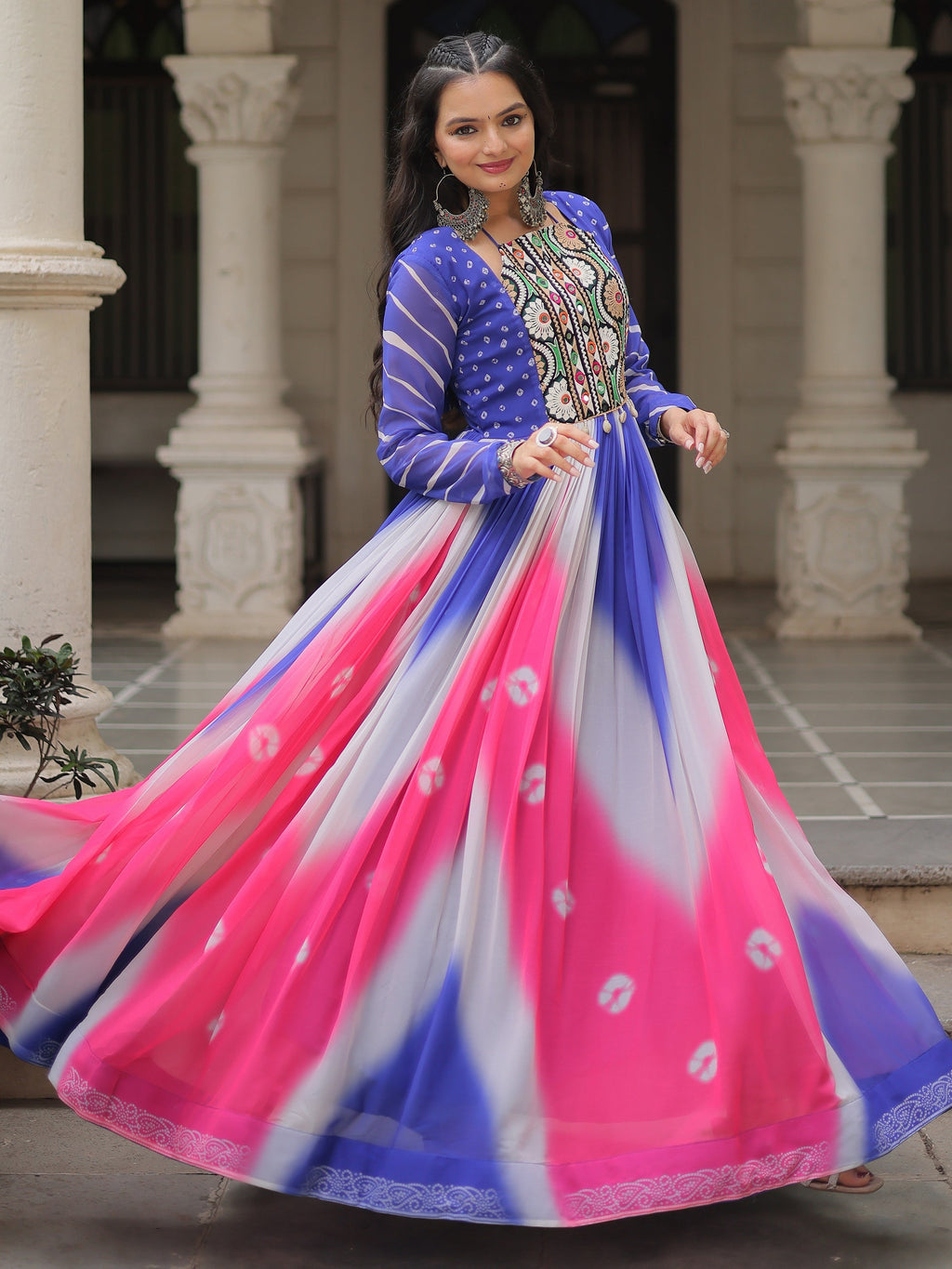 Blue georgette Bandhej print Gamthi embroidery mirror work gown