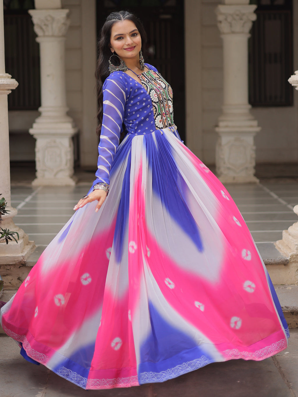 Blue georgette Bandhej print Gamthi embroidery mirror work gown
