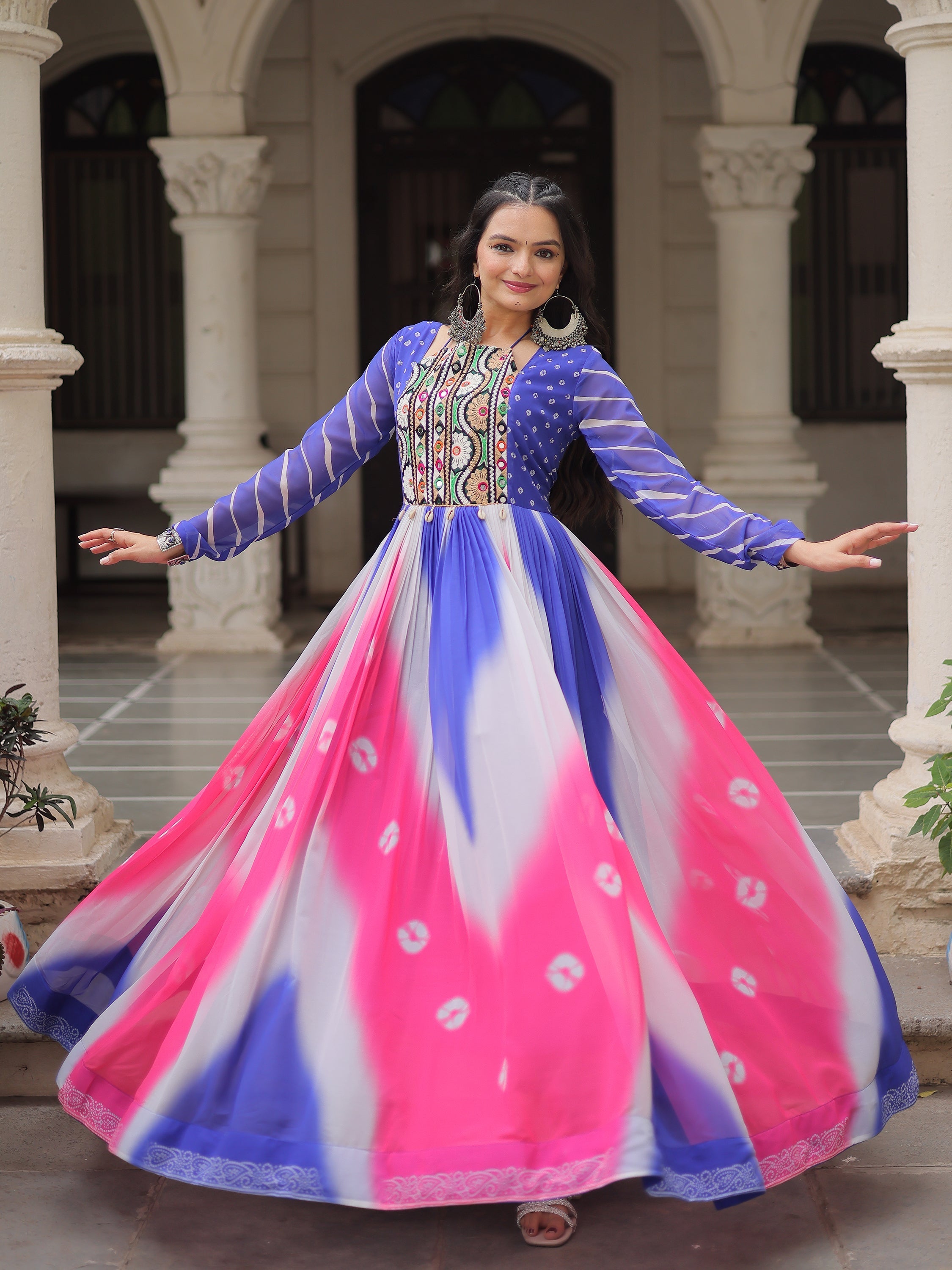Blue georgette Bandhej print Gamthi embroidery mirror work gown