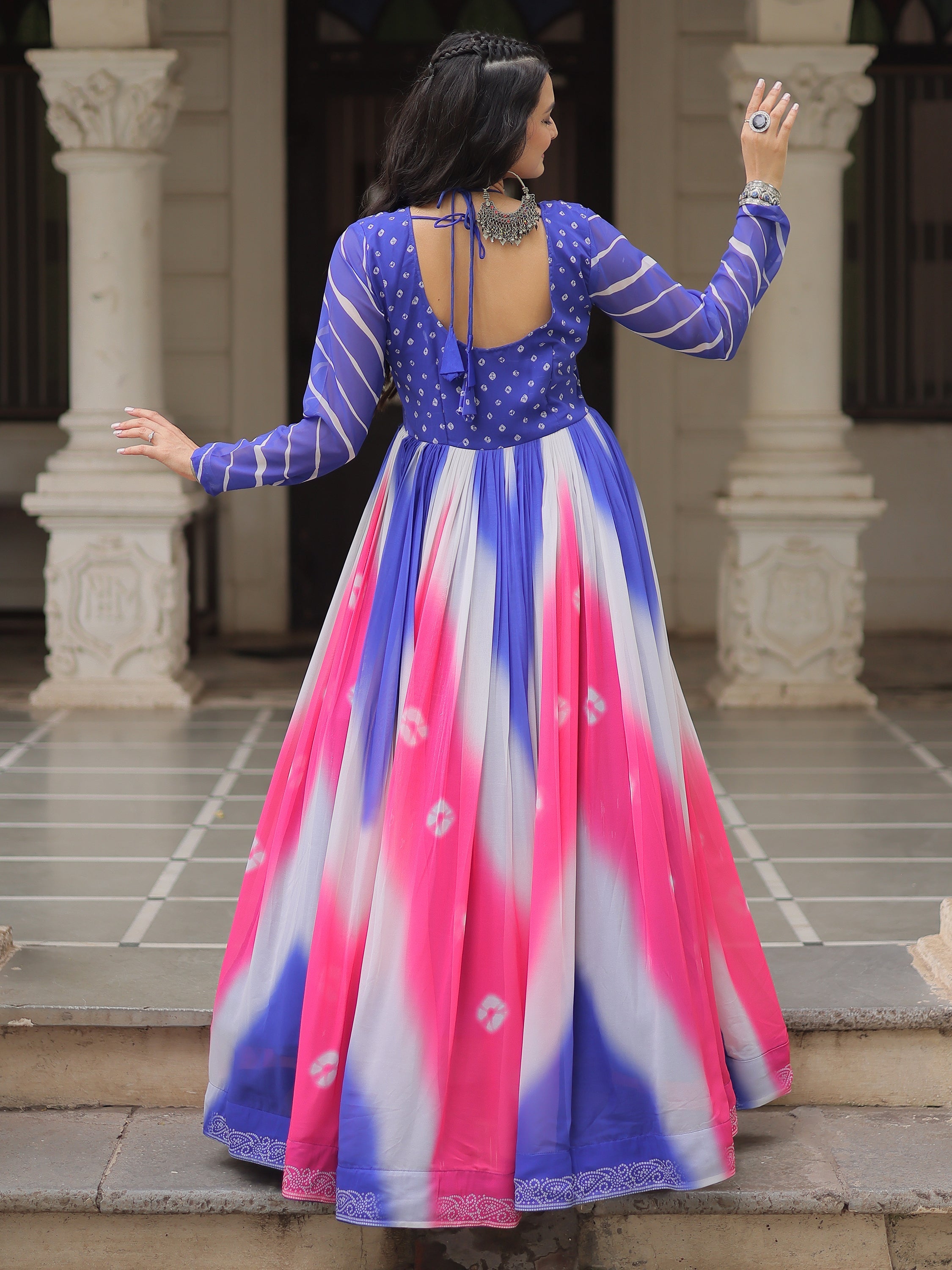 Blue georgette Bandhej print Gamthi embroidery mirror work gown