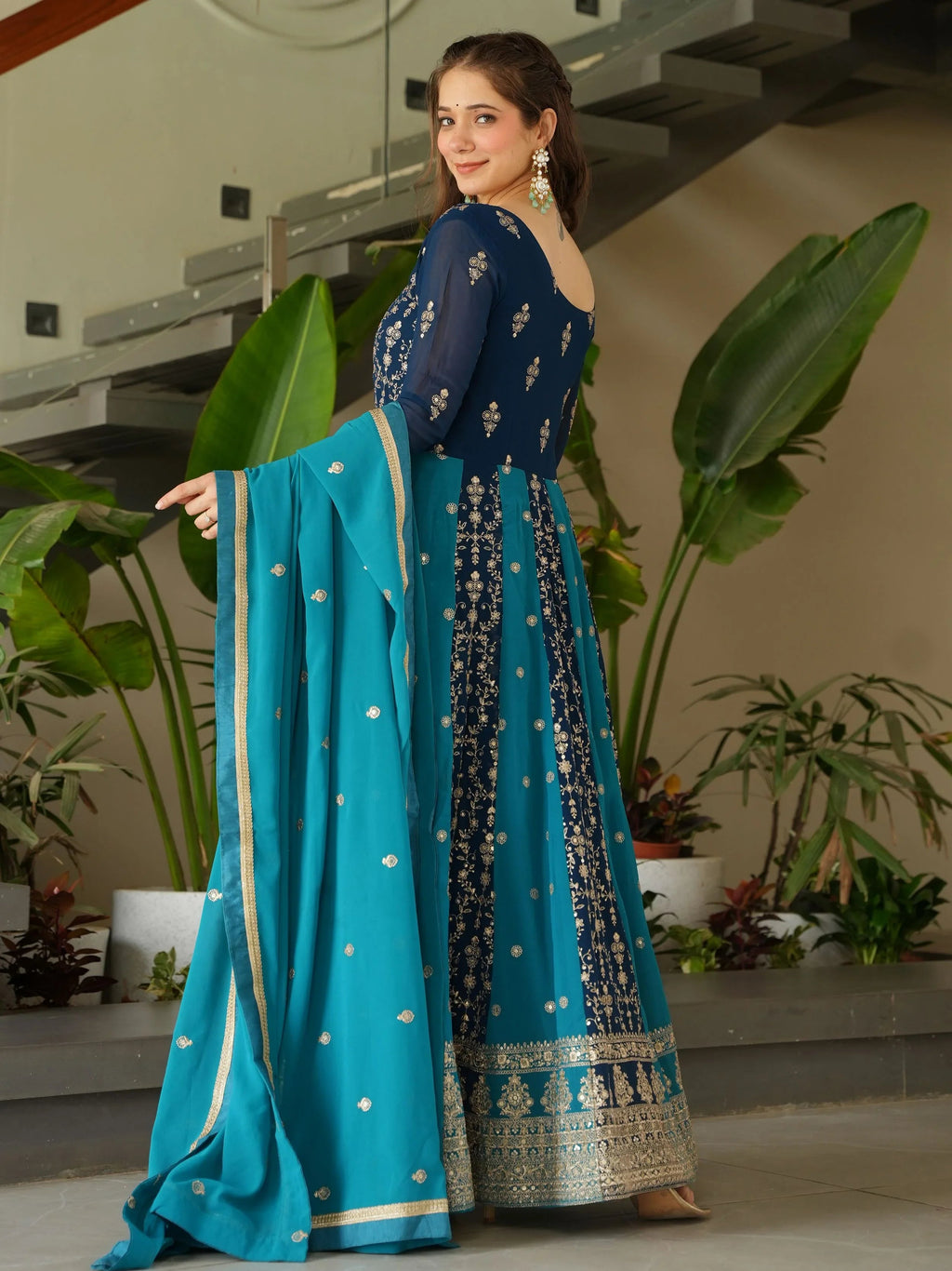 Blue georgette gown with zari and sequins embroidery and dupatta