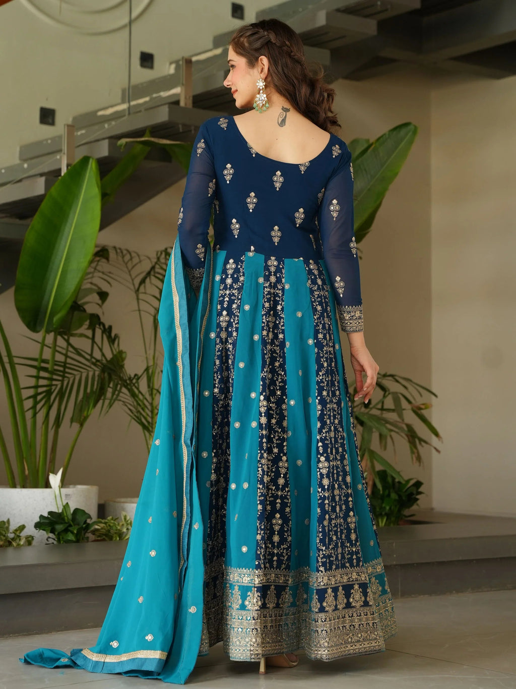 Blue georgette gown with zari and sequins embroidery and dupatta