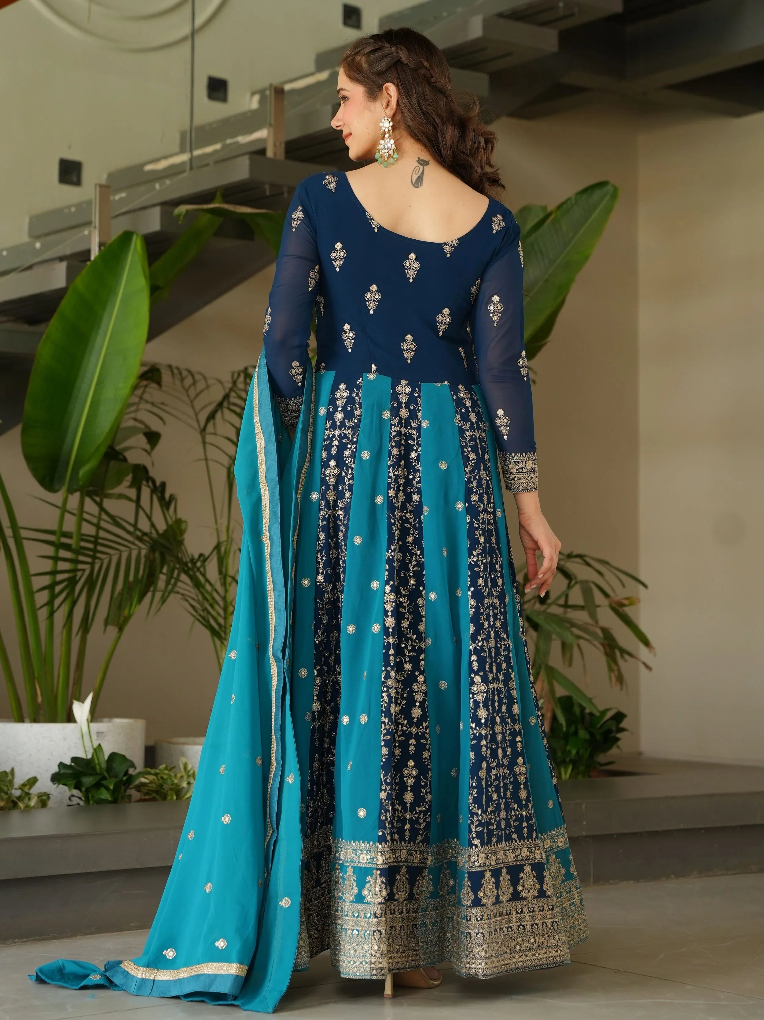 Blue georgette gown with zari and sequins embroidery and dupatta