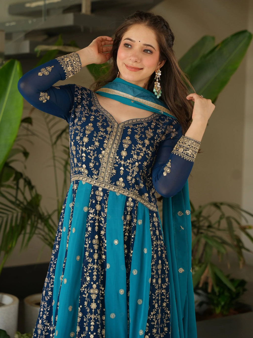 Blue georgette gown with zari and sequins embroidery and dupatta