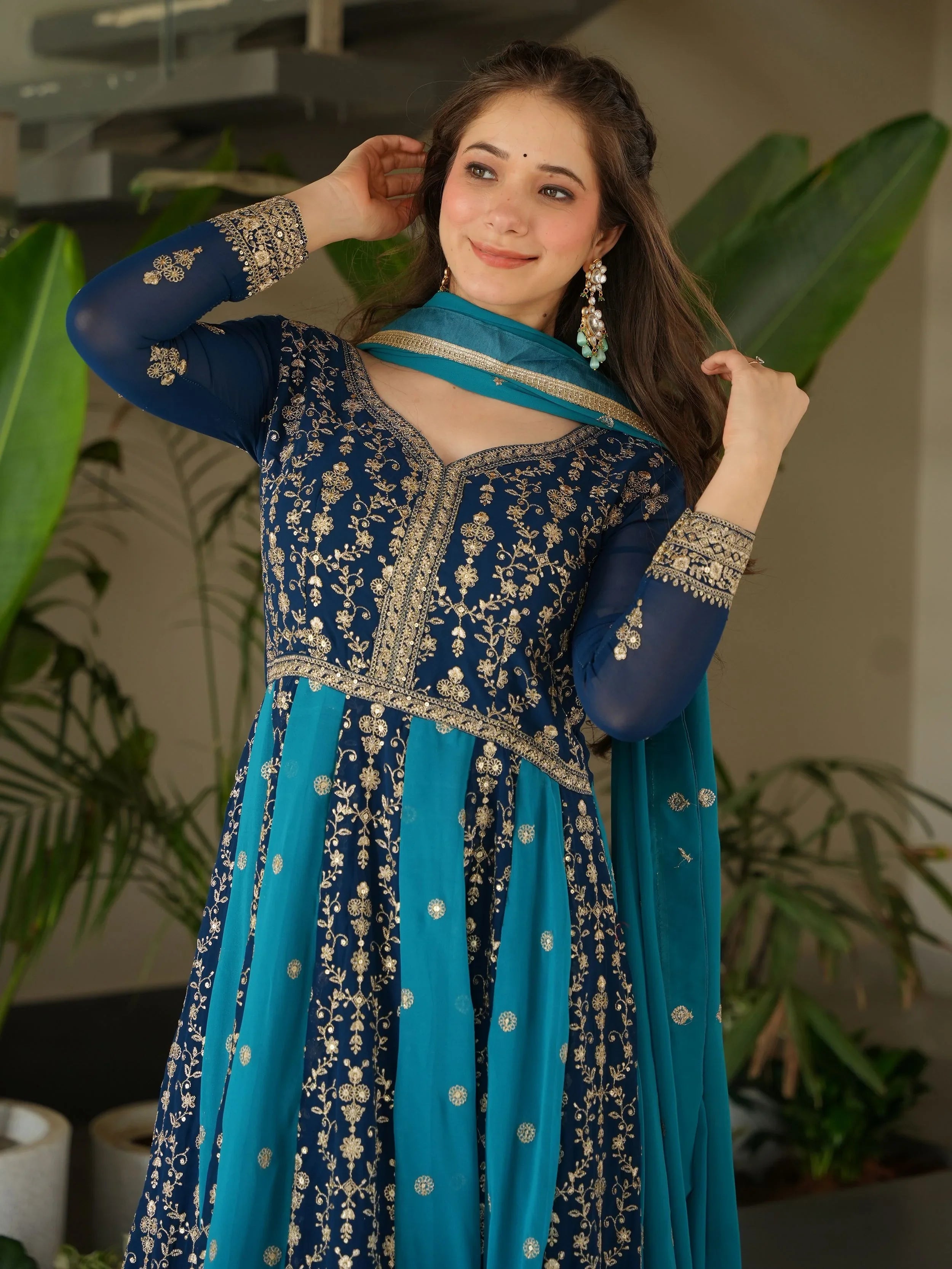 Blue georgette gown with zari and sequins embroidery and dupatta