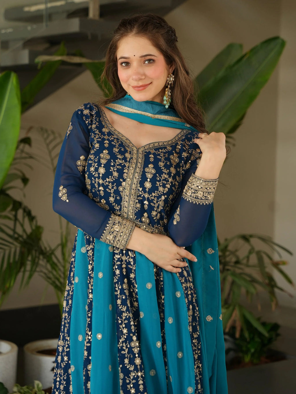 Blue georgette gown with zari and sequins embroidery and dupatta