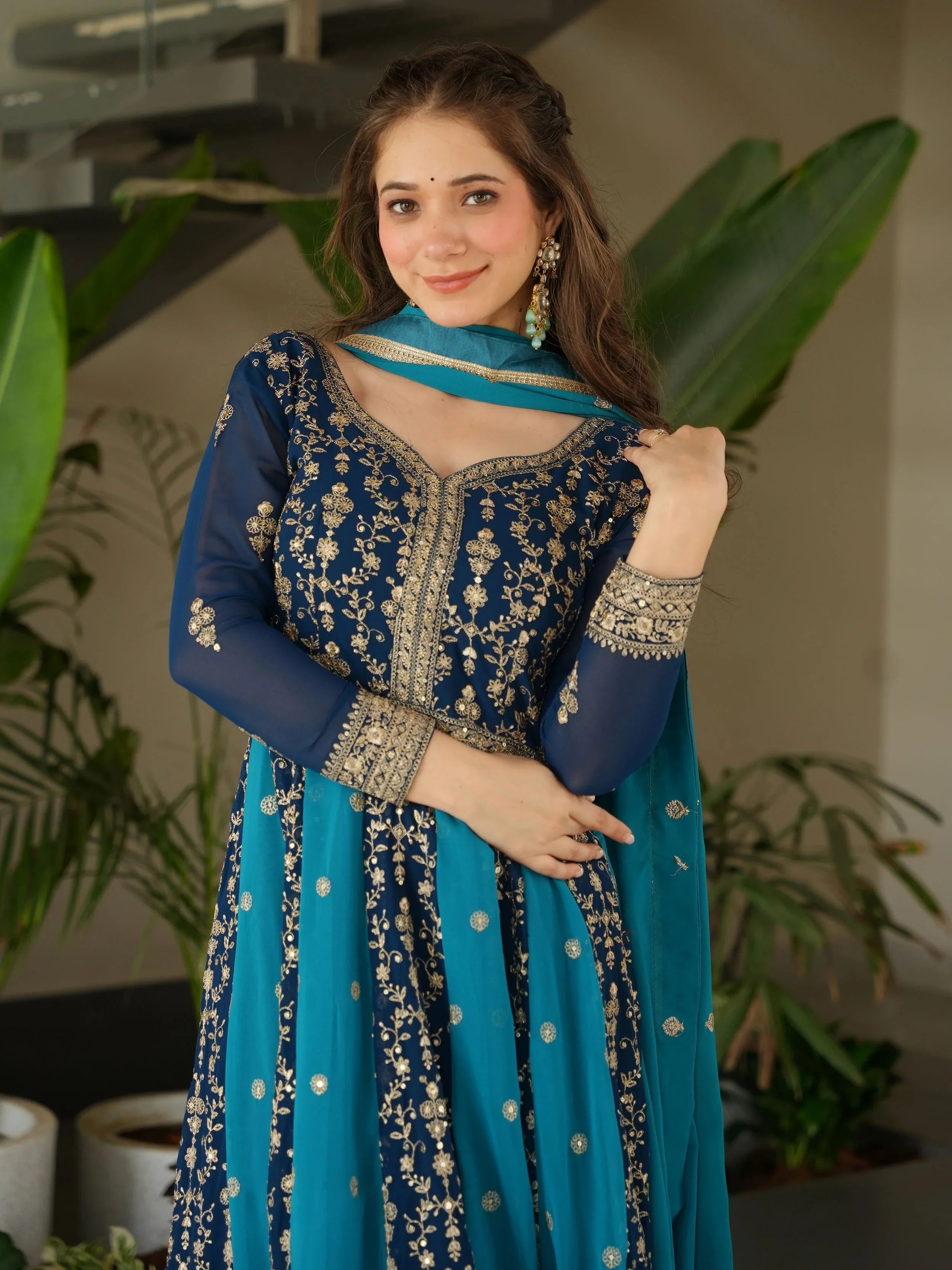 Blue georgette gown with zari and sequins embroidery and dupatta