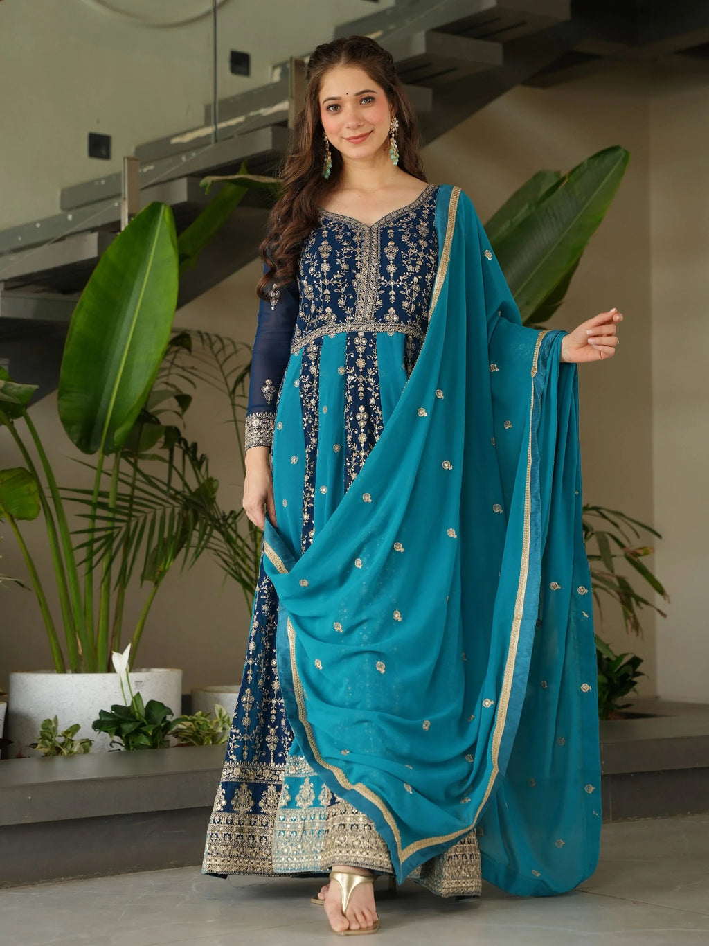 Blue georgette gown with zari and sequins embroidery and dupatta