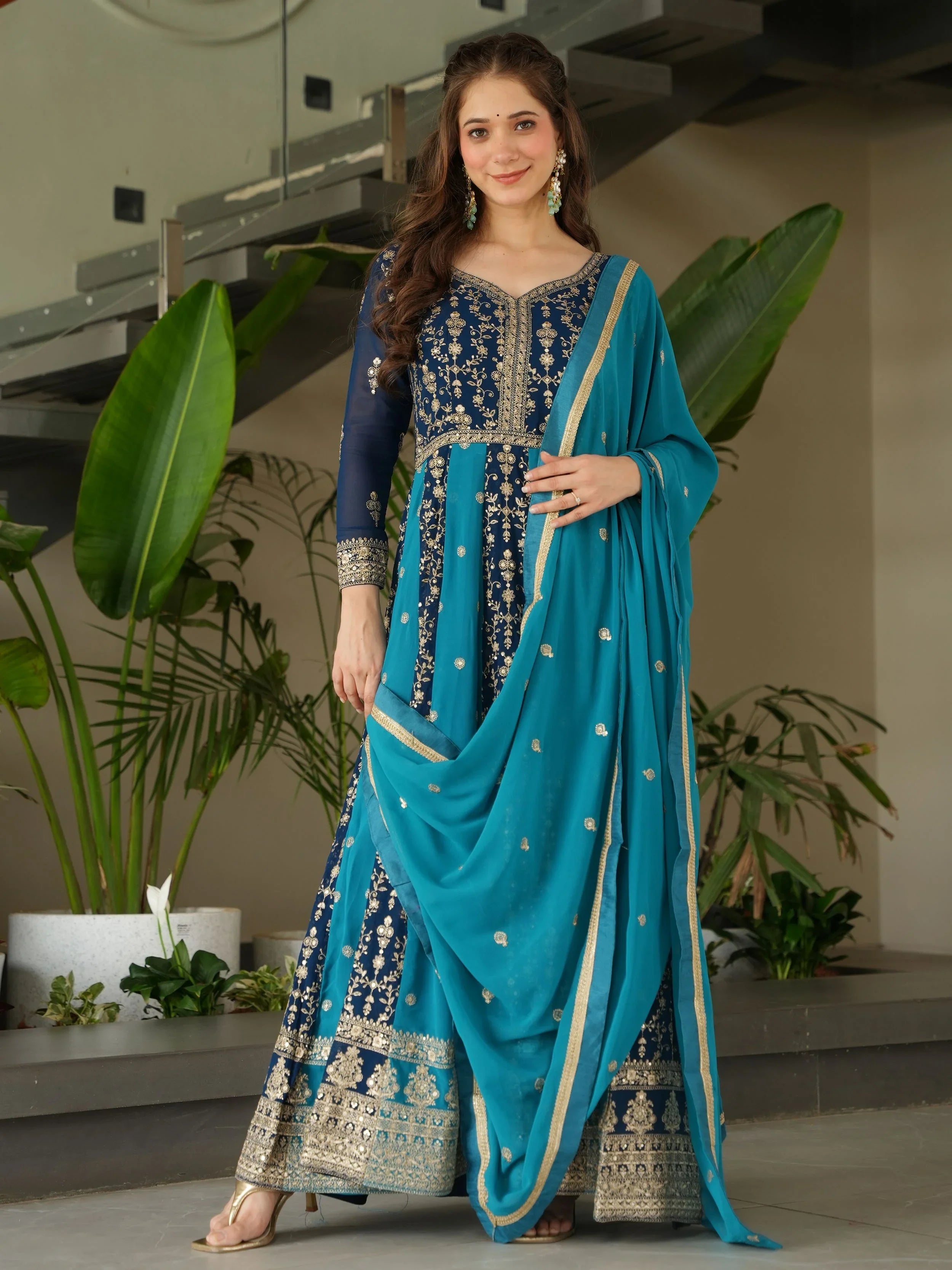 Blue georgette gown with zari and sequins embroidery and dupatta