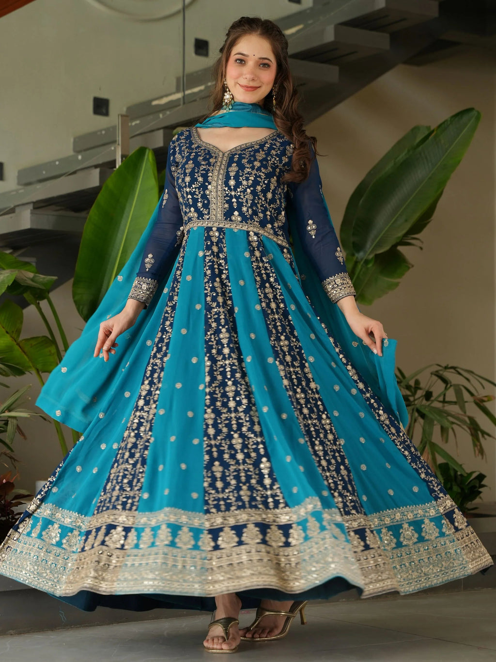 Blue georgette gown with zari and sequins embroidery and dupatta