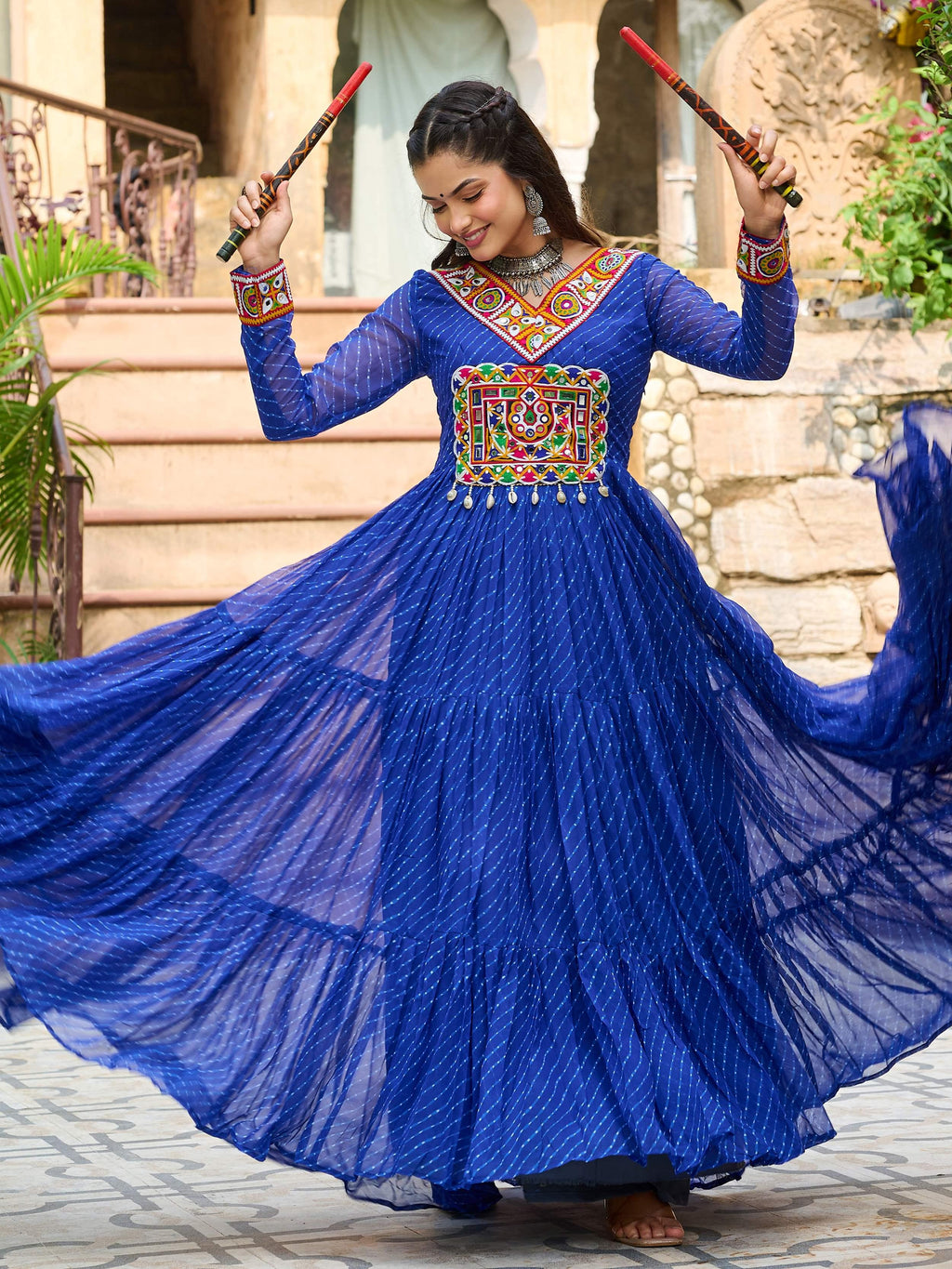 Blue Laheriya print georgette Kutchi patchwork Navratri gown