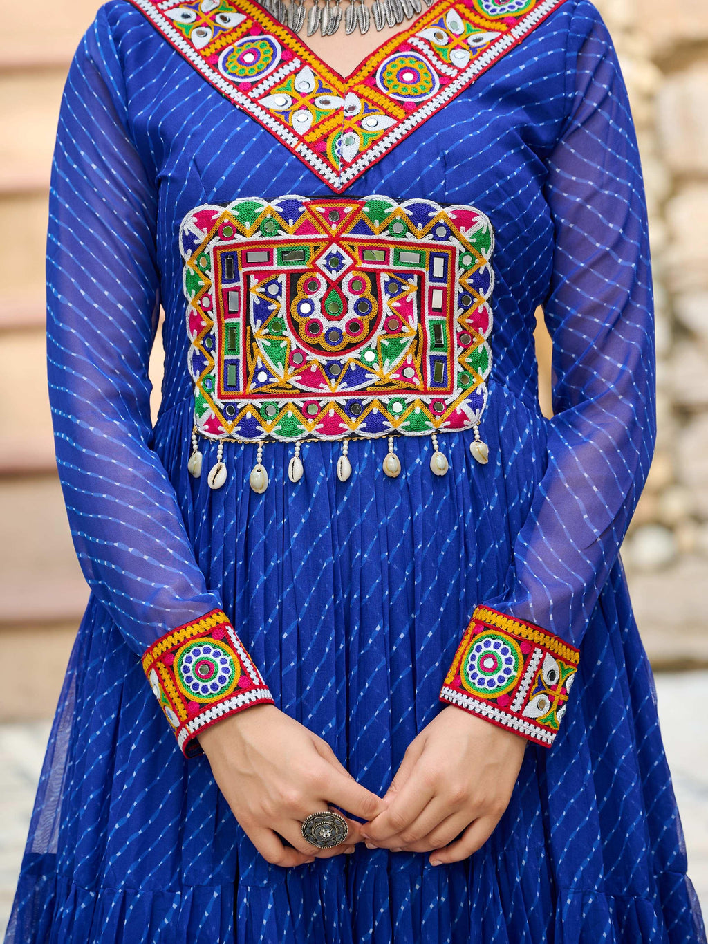 Blue Laheriya print georgette Kutchi patchwork Navratri gown