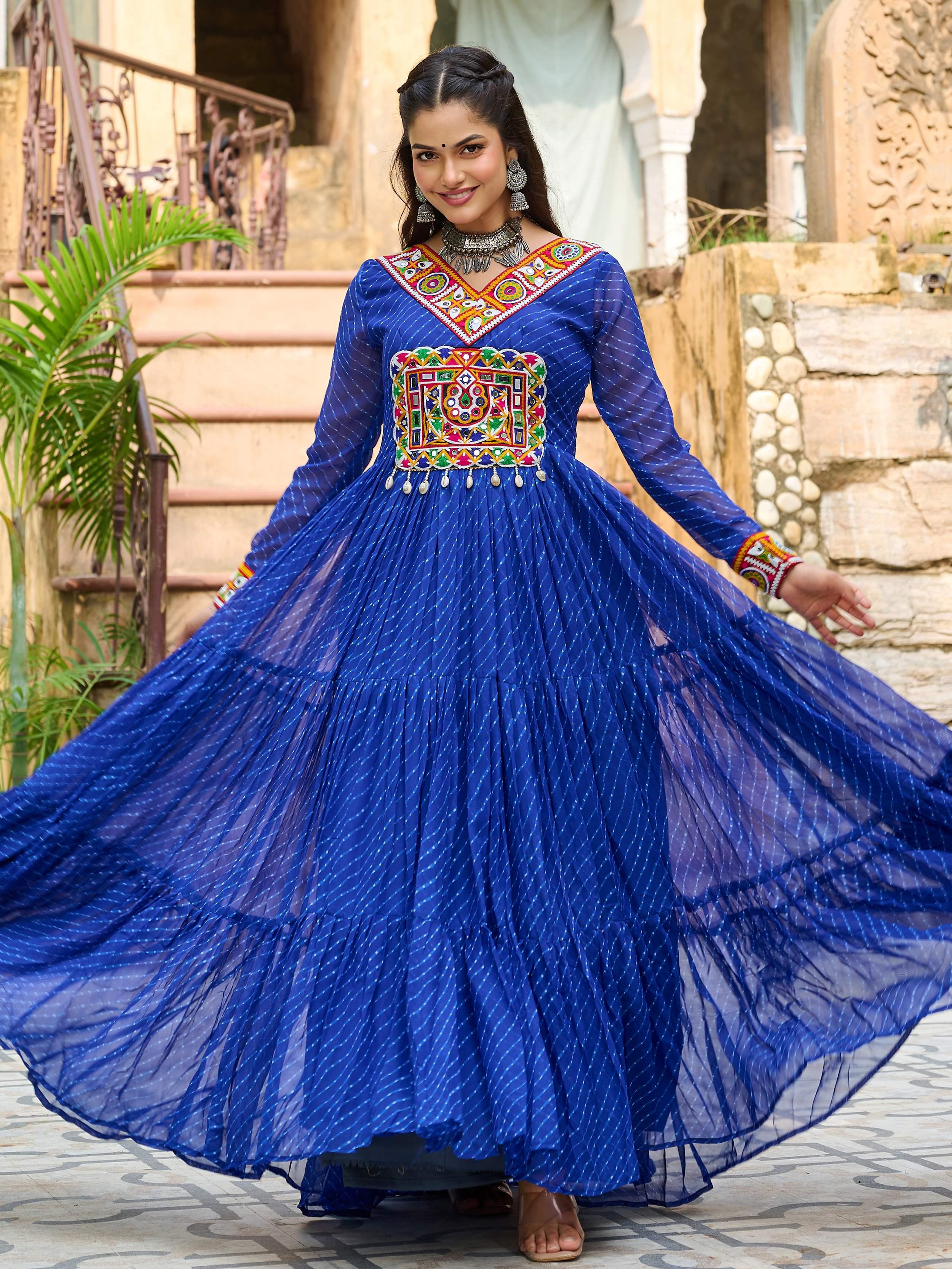Blue Laheriya print georgette Kutchi patchwork Navratri gown