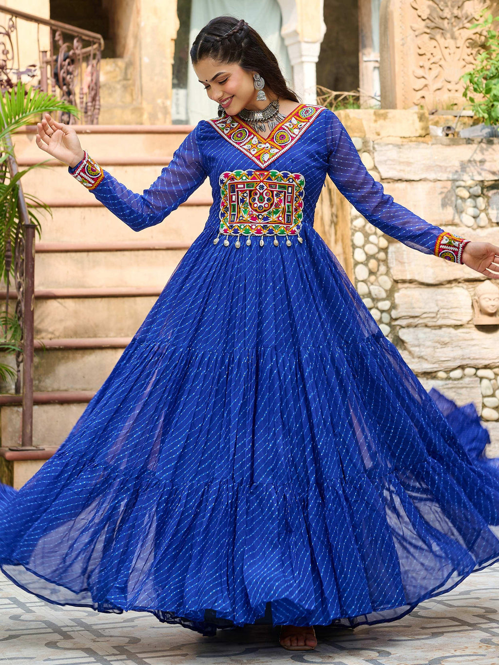 Blue Laheriya print georgette Kutchi patchwork Navratri gown