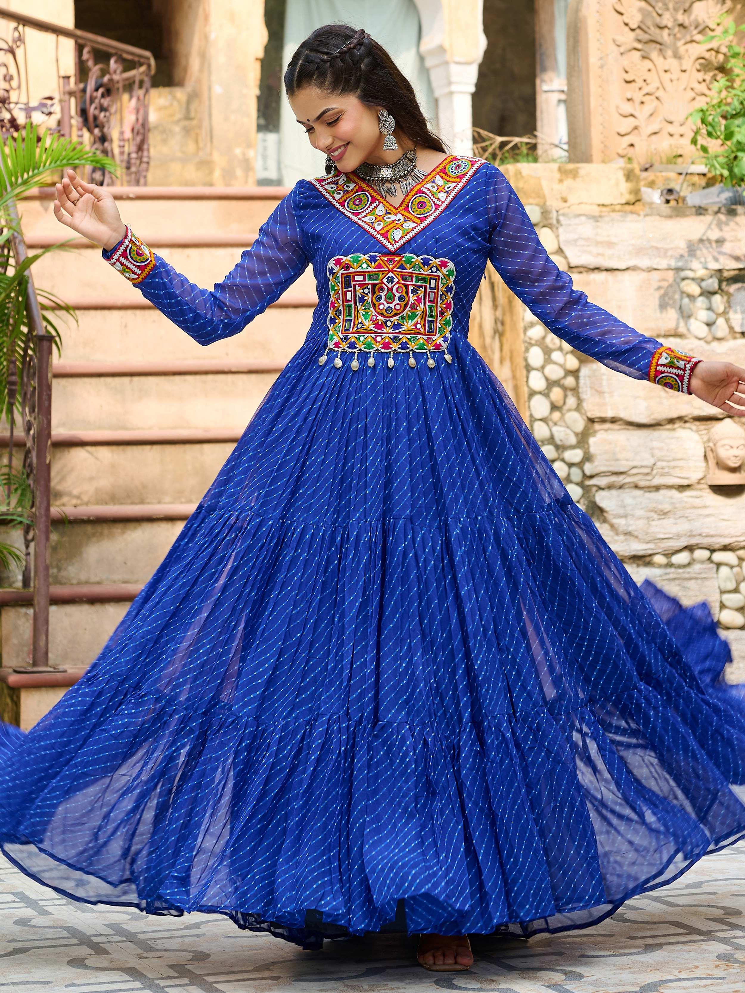 Blue Laheriya print georgette Kutchi patchwork Navratri gown